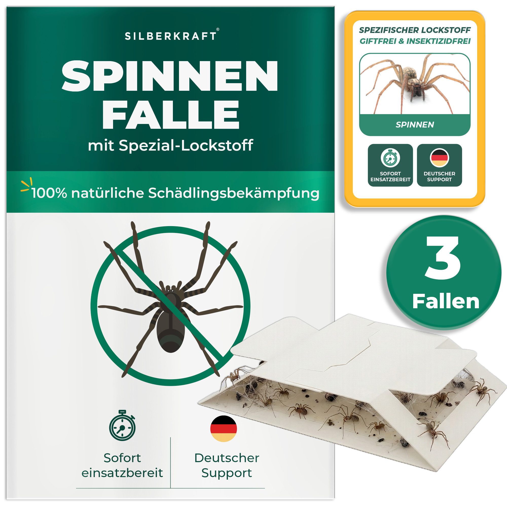Silberkraft Insektenfalle Spinnenfalle mit Spezial-Lockstoff Frühzeitige Befallsüberwachung, Giftfrei & geruchlos, Bis zu 12 Wochen wirksam, Einfache Anwendung