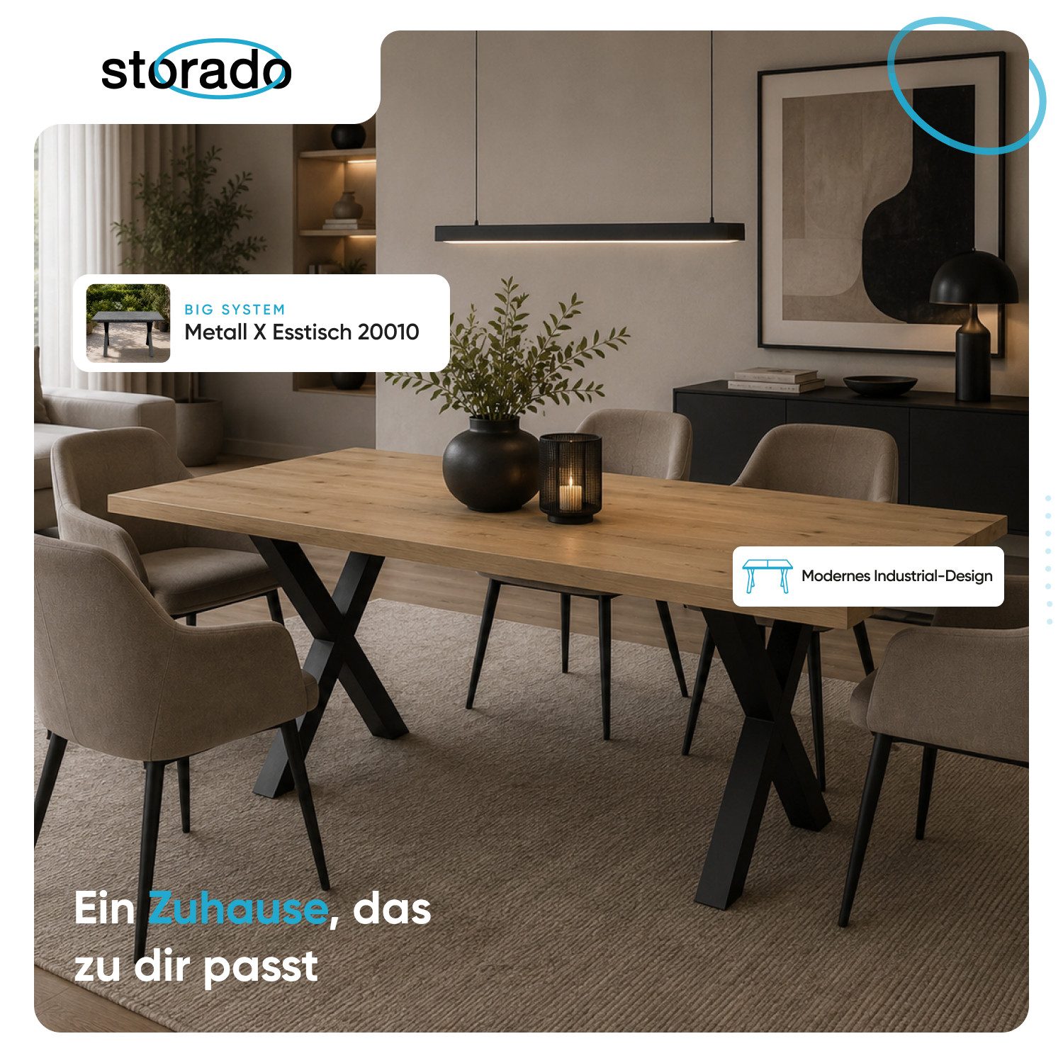 Storado Esstisch Big System Metall X 140–210×90cm, Esszimmertisch, Stabiles X-Gestell für einen sicheren Stand