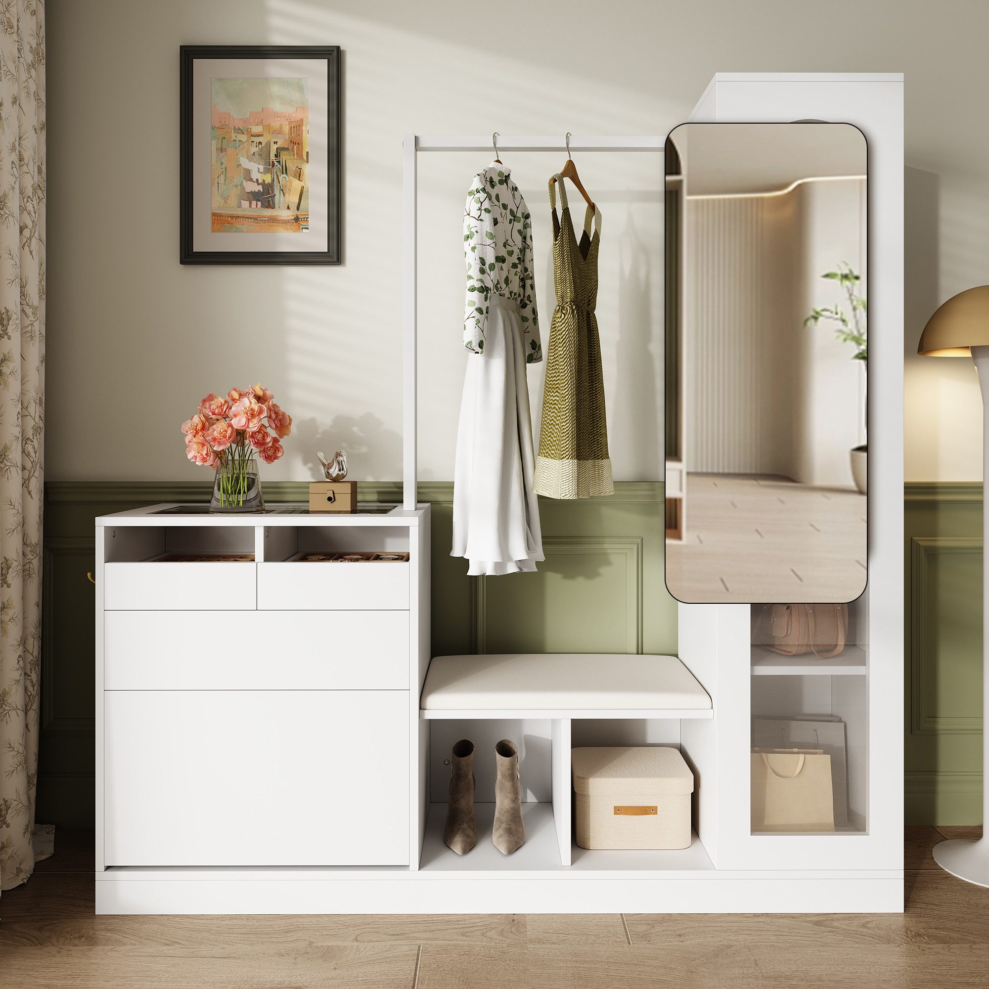 KLAM HOME Garderoben-Set 6-in-1-Eingangskombination,Garderobenset mit farbwechselndem LED-Licht, (Frisiertisch mit Kleiderstange, Schuhbank und Klappschuhschrank), Geeignet für Türöffnungen, Flure,Weiß