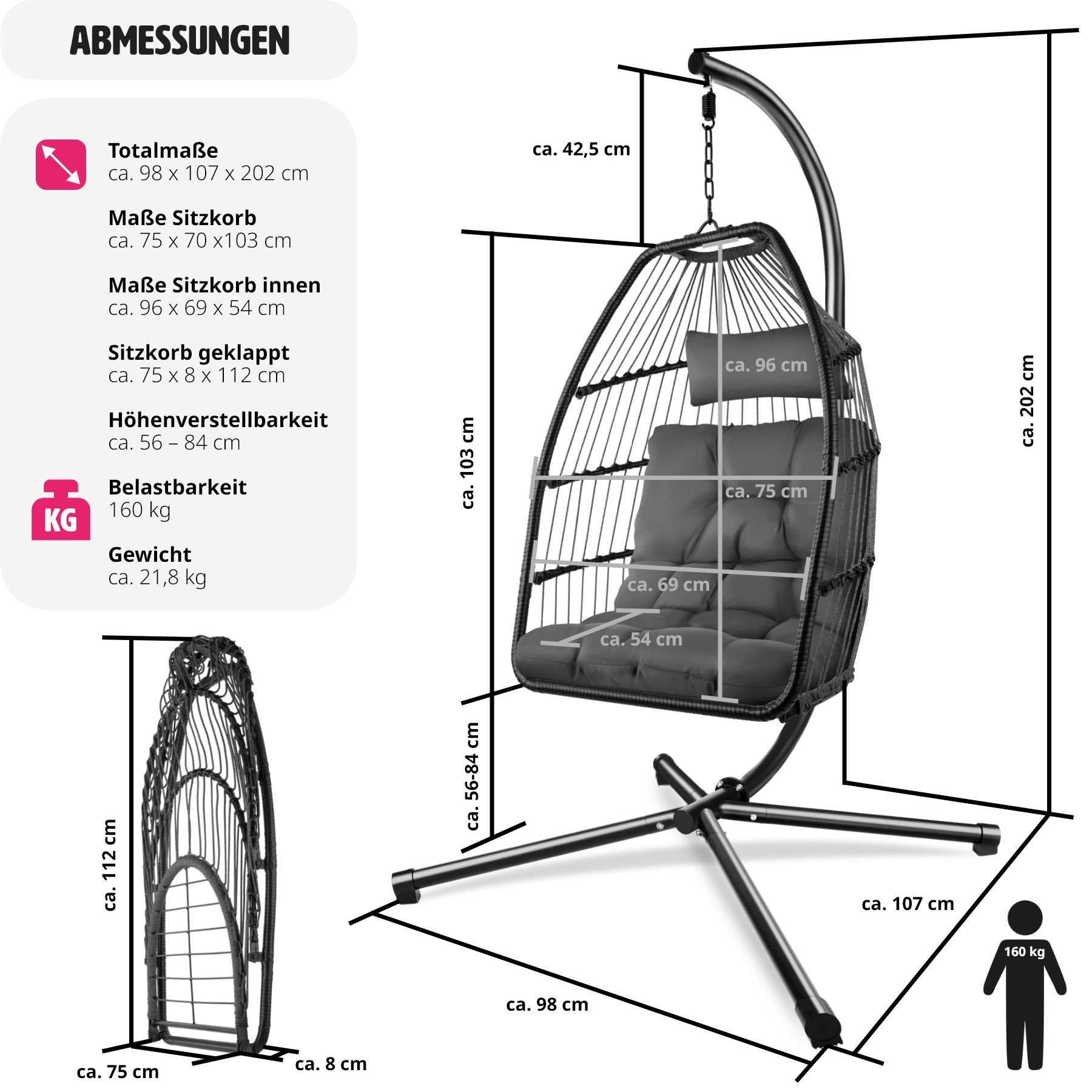 Kissen Gestell faltbar, 360° 160kg, Ariane mit tectake Hängesessel dunkelgrau und Hängesessel drehbar, stabil abnehmbare Sitzkissen,