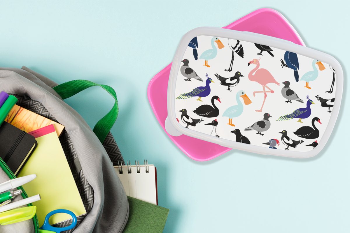Lunchbox für Kunststoff, rosa Snackbox, Brotdose (2-tlg), Mädchen, - Vogel - Flamingo, Muster Kinder, Kunststoff MuchoWow Erwachsene, Brotbox