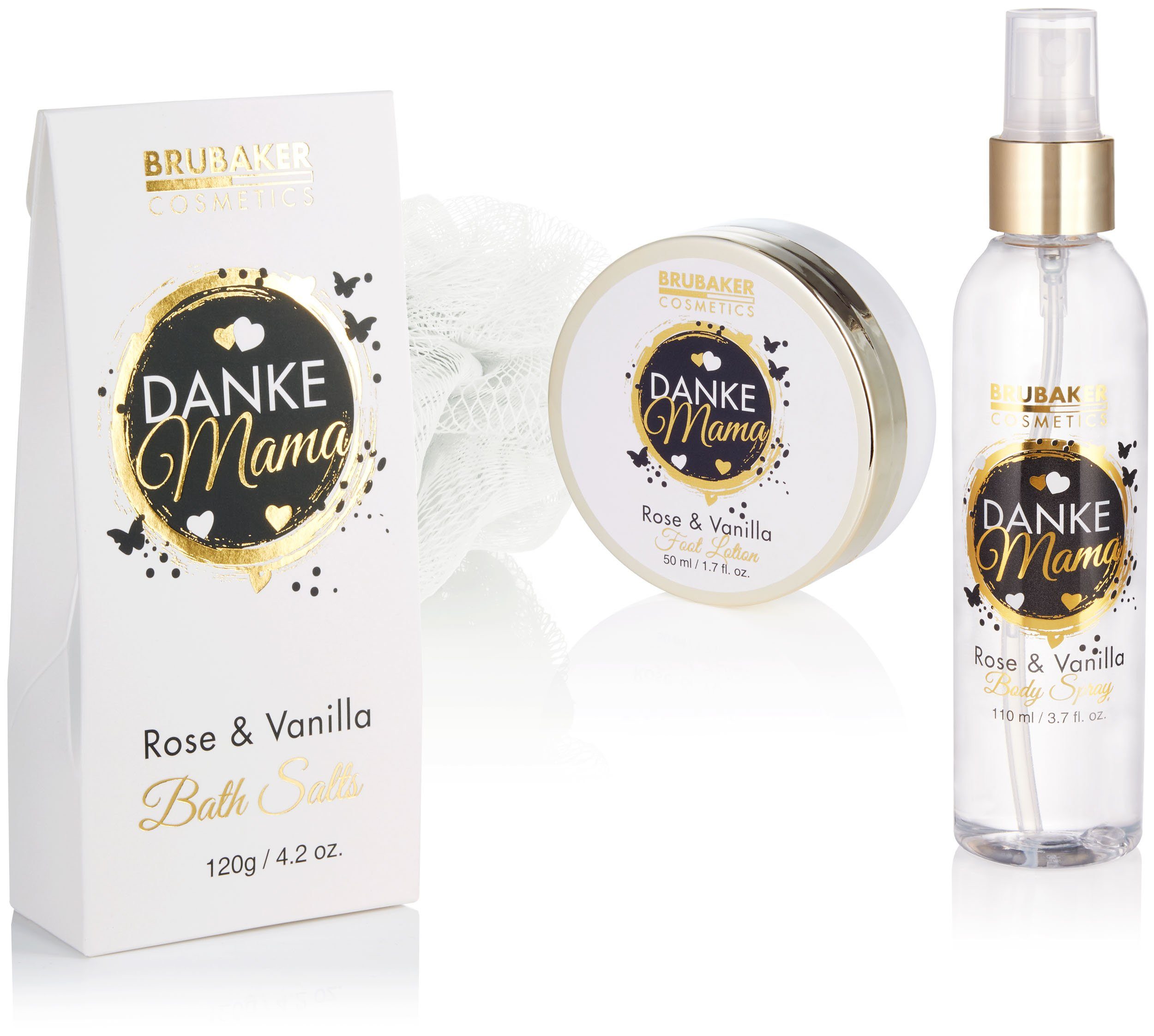 BRUBAKER Pflege-Geschenkset Danke Mama - Dusch- und Badeset mit Rosen Vanille Duft, 8-tlg., Geschenkset in Wanne - Badeset Geschenk für die Mutter - Gold Weiß
