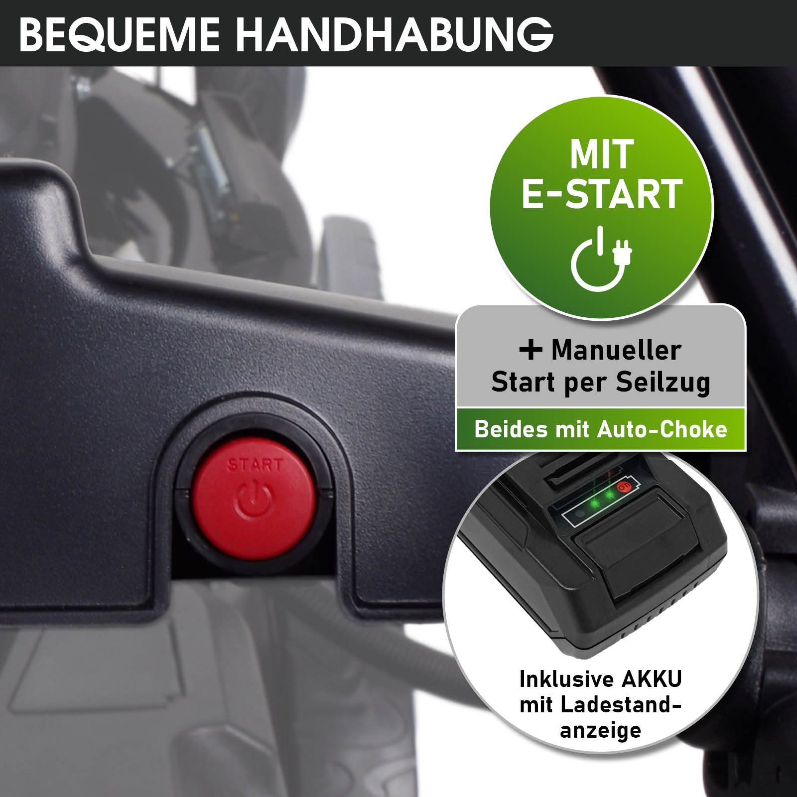 BRAST petrol lawnmower with drive, 3.5kW (4.76hp), electric start, 4-stroke OHV engine, 46 cm cutting width, 30-80mm cutting height, 60L grass catcher, steel housing, TÜV certified