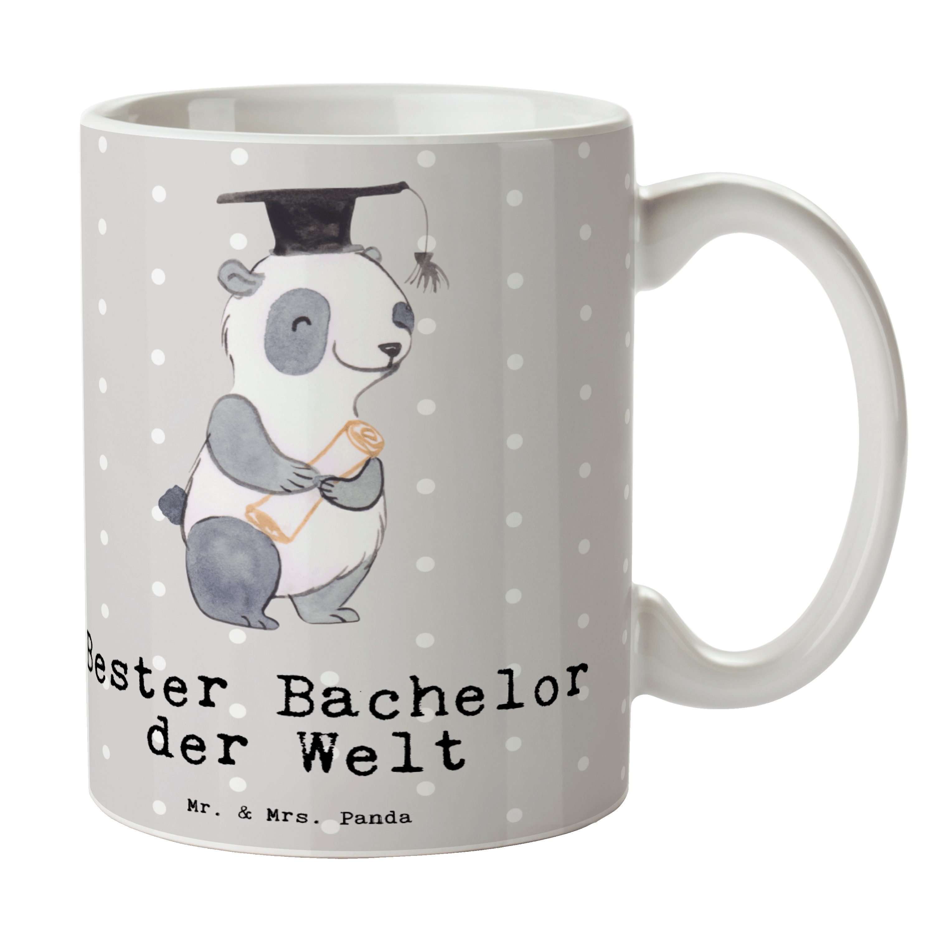 Mr. & Mrs. Panda Tasse Panda Bester Bachelor der Welt - Grau Pastell - Geschenk, Uni, Geburt, Keramik