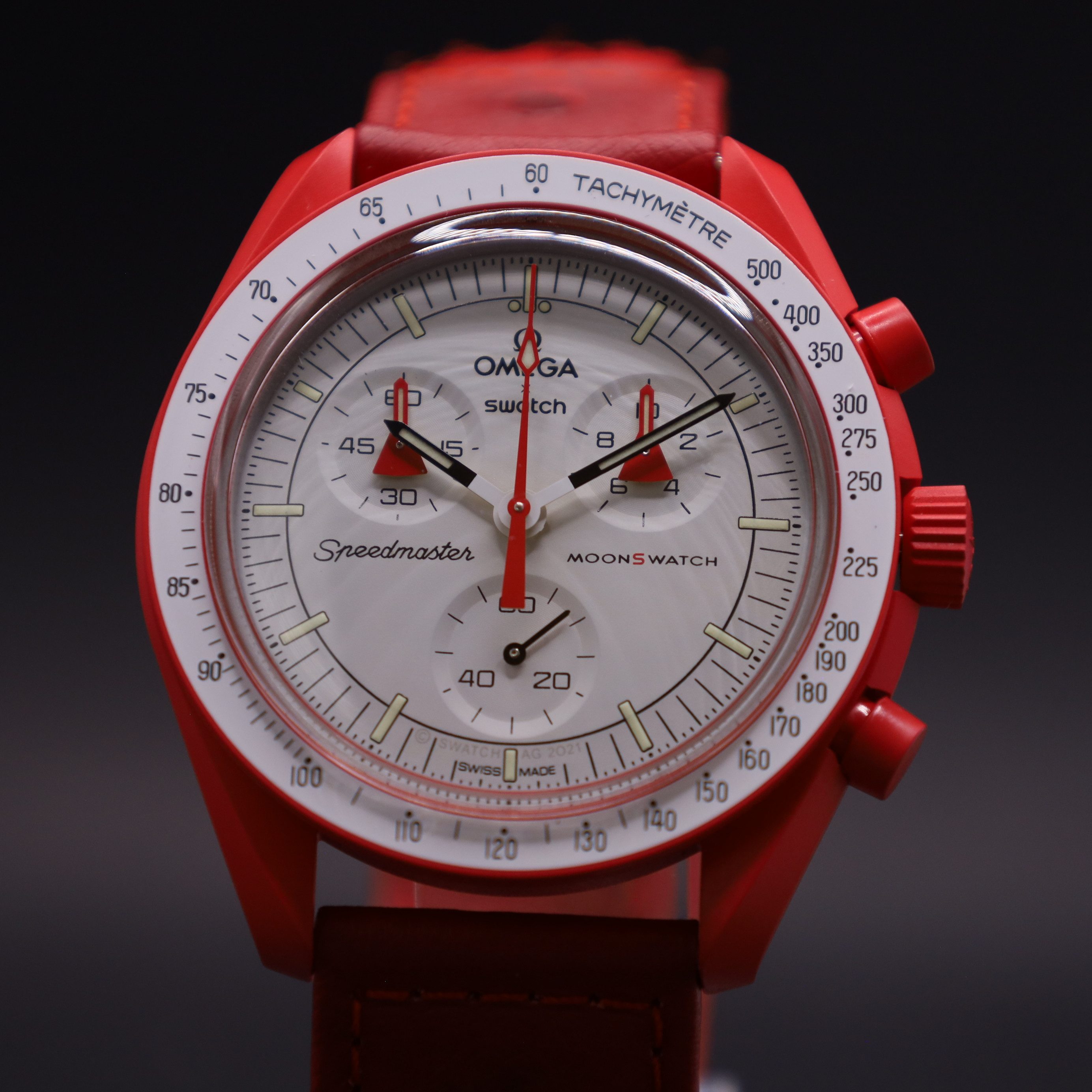 Swatch Chronograph OMEGA x Swatch MoonSwatch Mission to Mars Straußenleder SO33R100C, (1-tlg)