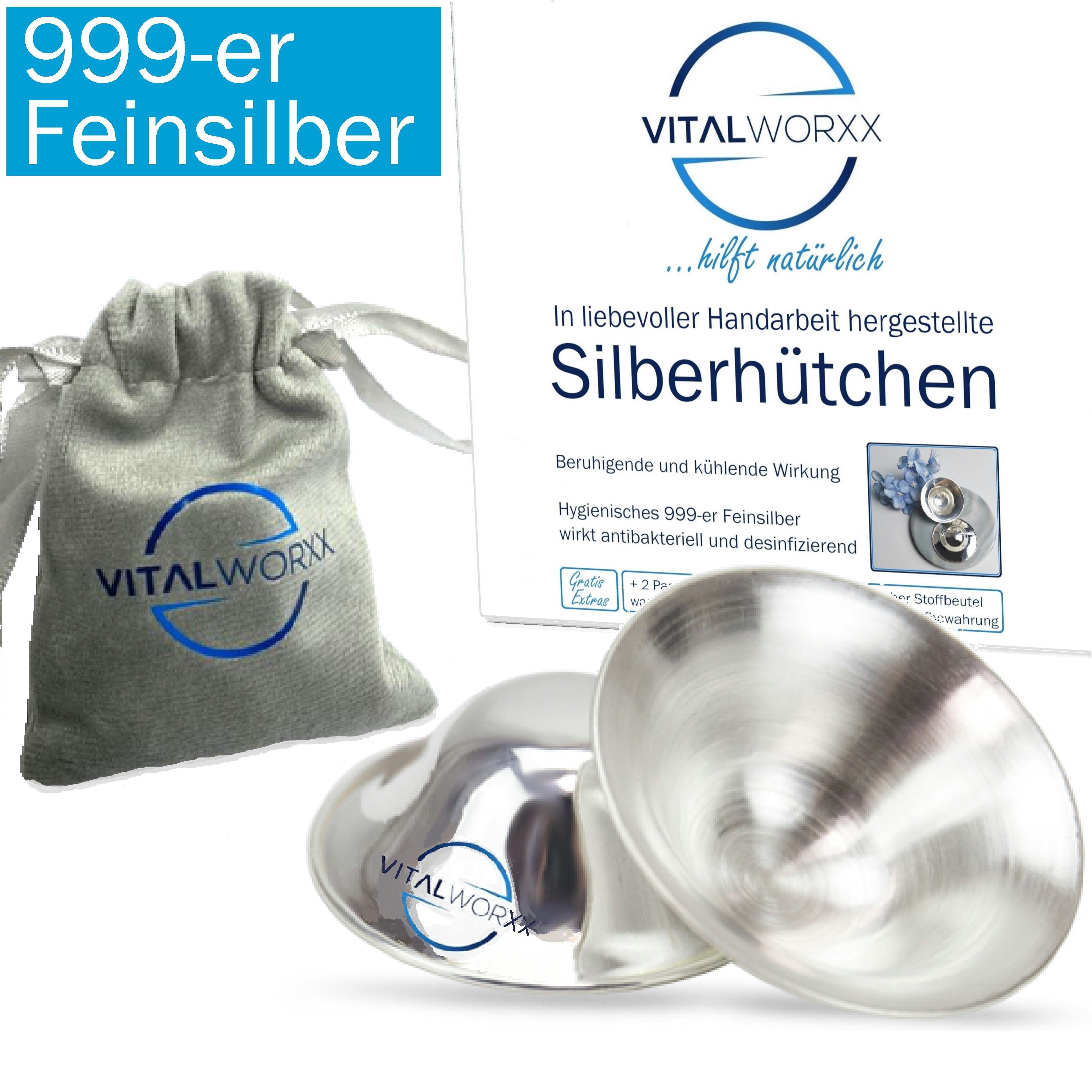 VITALWORXX Stillhütchen 2 Stück Silberhütchen - schnelle Hilfe bei empfindlichen Brustwarzen (Komplett-Sorglos-Paket), massives 999-er Feinsilber (Sterlingsilber)