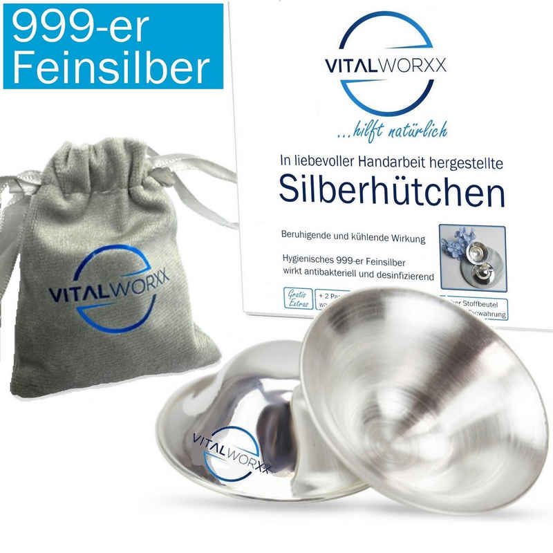 VITALWORXX BH-Stilleinlagen 2 Stück Silberhütchen - schnelle Hilfe bei empfindlichen Brustwarzen (Komplett-Sorglos-Paket), massives 999-er Feinsilber (Sterlingsilber)