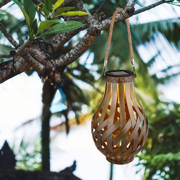 Globo Außen-Deckenleuchte, LED-Leuchtmittel fest verbaut, Warmweiß, Gartendeko Laterne Solar Windlicht mit Bambusgeflecht zum Aufhängen