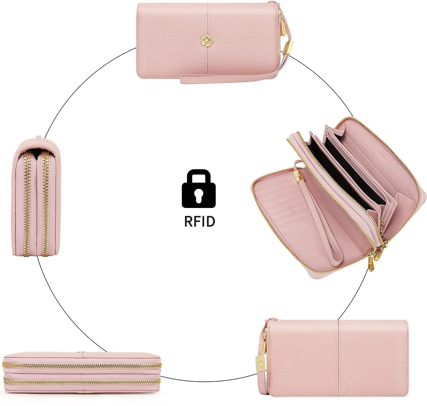 mit Handytasche Portemonnaie Pomelo Weich 19 RFID-Schutz Groß Leder Pink cm Geldbörse (Frauen Kartenetui, Geldbeutel 4,5 Münzfach Echtes Kreditkartenetui, Handtasche NFC Best 10 Damen Kartenfächer, Kartenhalter, mit x Portmonee Leder Ledergeldbörse Lang Echtleder), Slim 18 x Wallet, Brieftasche