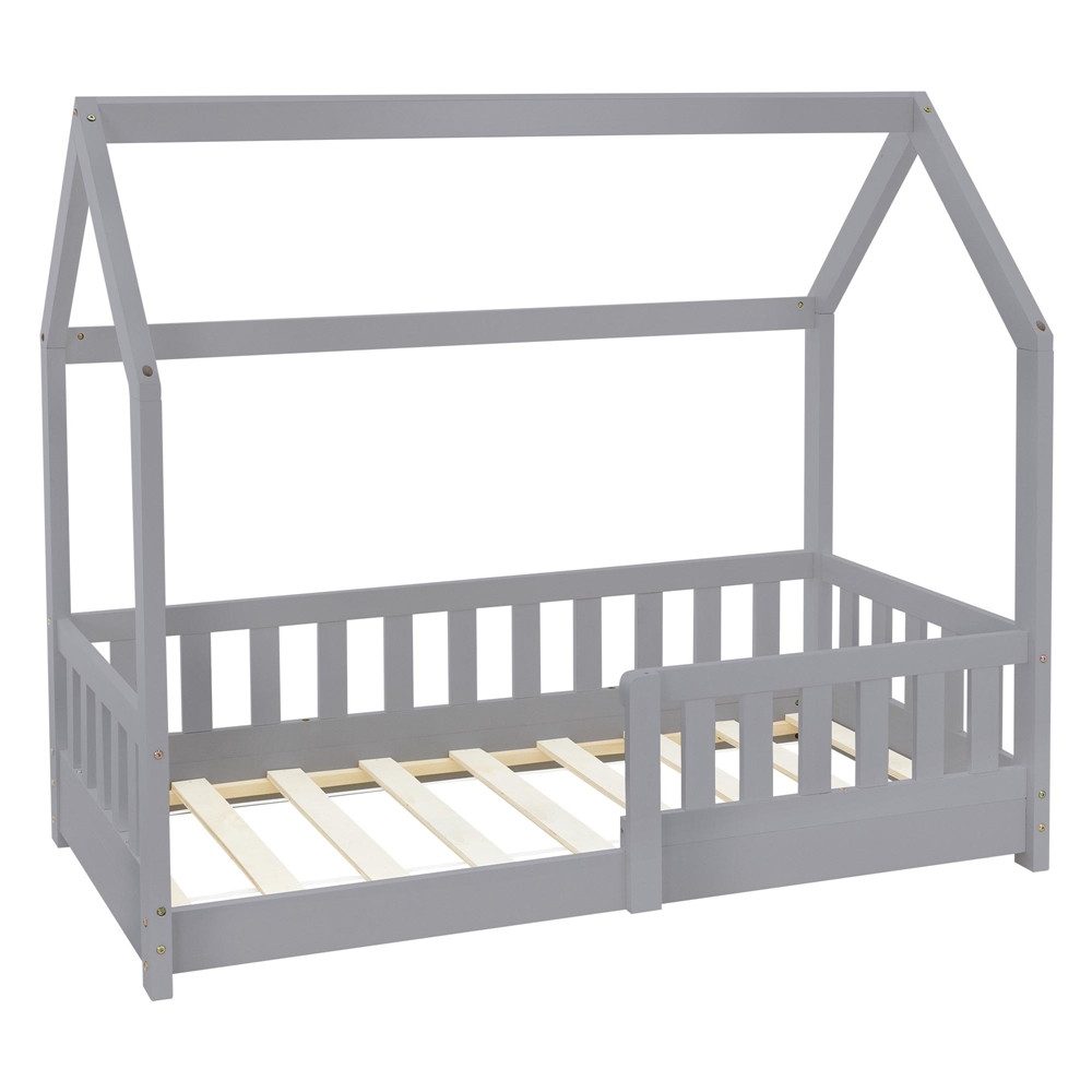 ML-DESIGN Spielbett Hausbett Spielbett inkl. Lattenrost kreativ Bodenbett für Kinder, Abenteuerbett mit Rausfallschutz Spielbett Kiefer Hellgrau Himmelbett