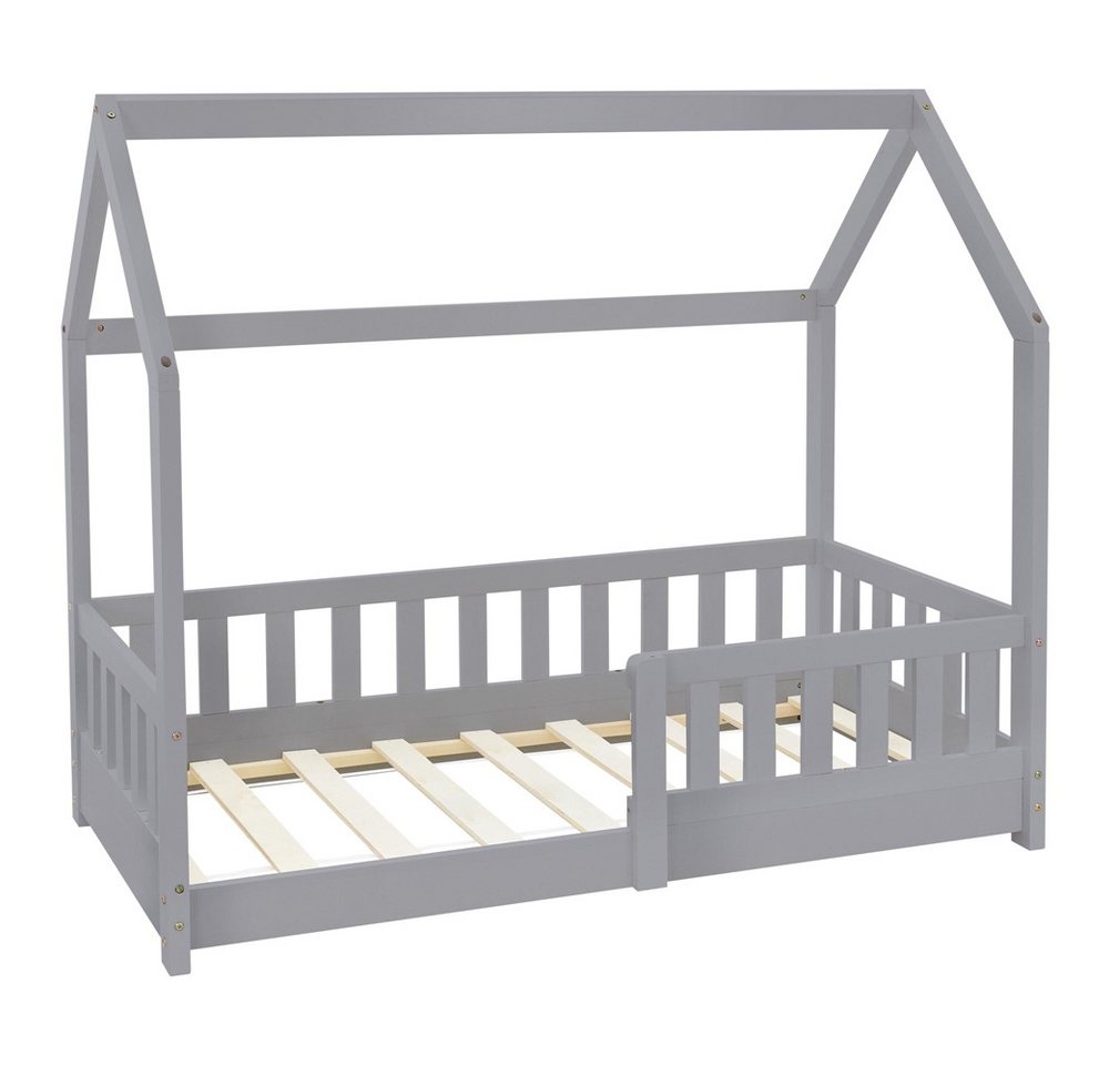 ML-DESIGN Spielbett Hausbett Kinderbett inkl. Lattenrost kreativ Bodenbett für Kinder, Abenteuerbett mit Rausfallschutz Kiefer Hellgrau Himmelbett Bettenhaus