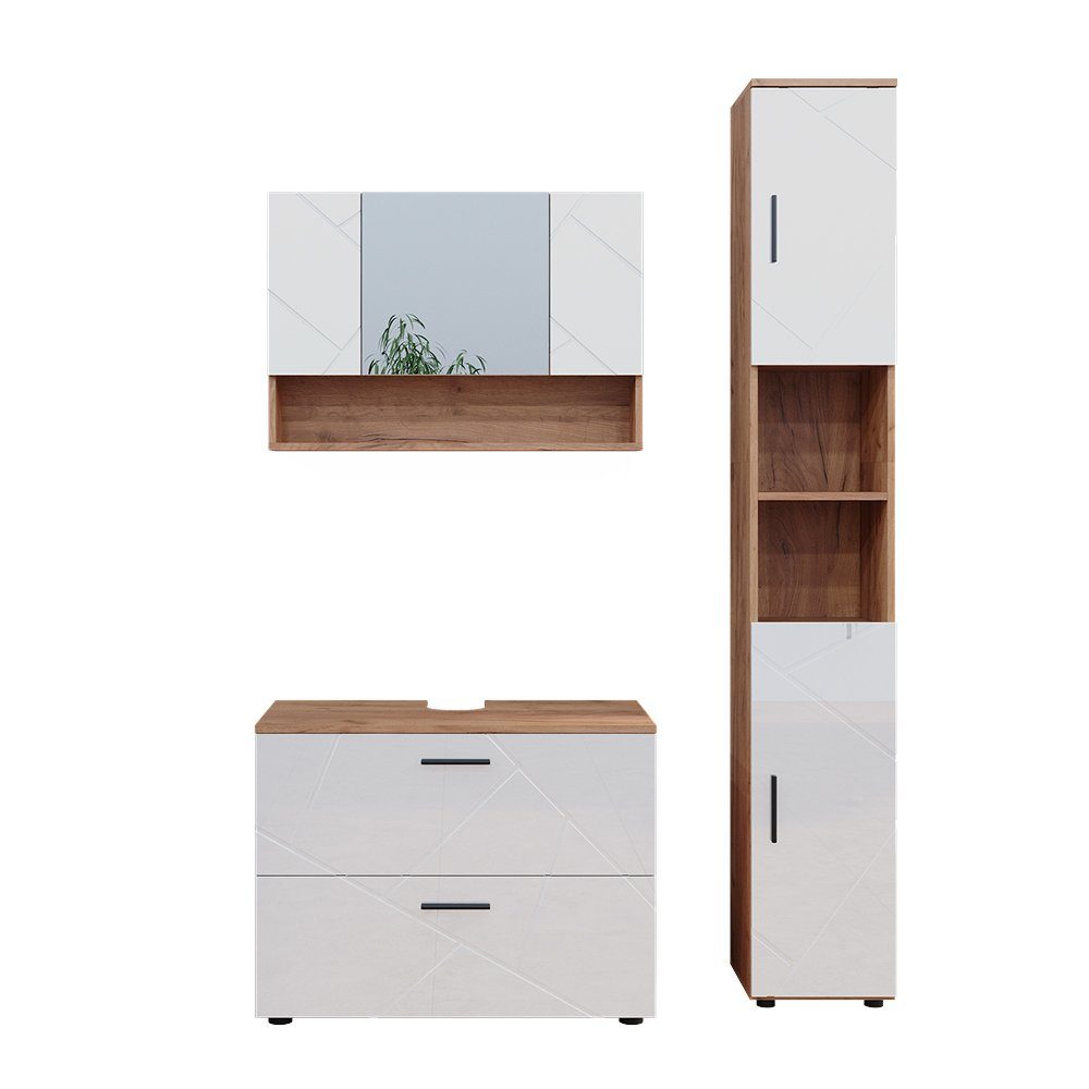 Vicco Badmöbel-Set Irma, Eiche/Weiß Hochglanz, 3 Teile, mit Spiegelschrank günstig online kaufen