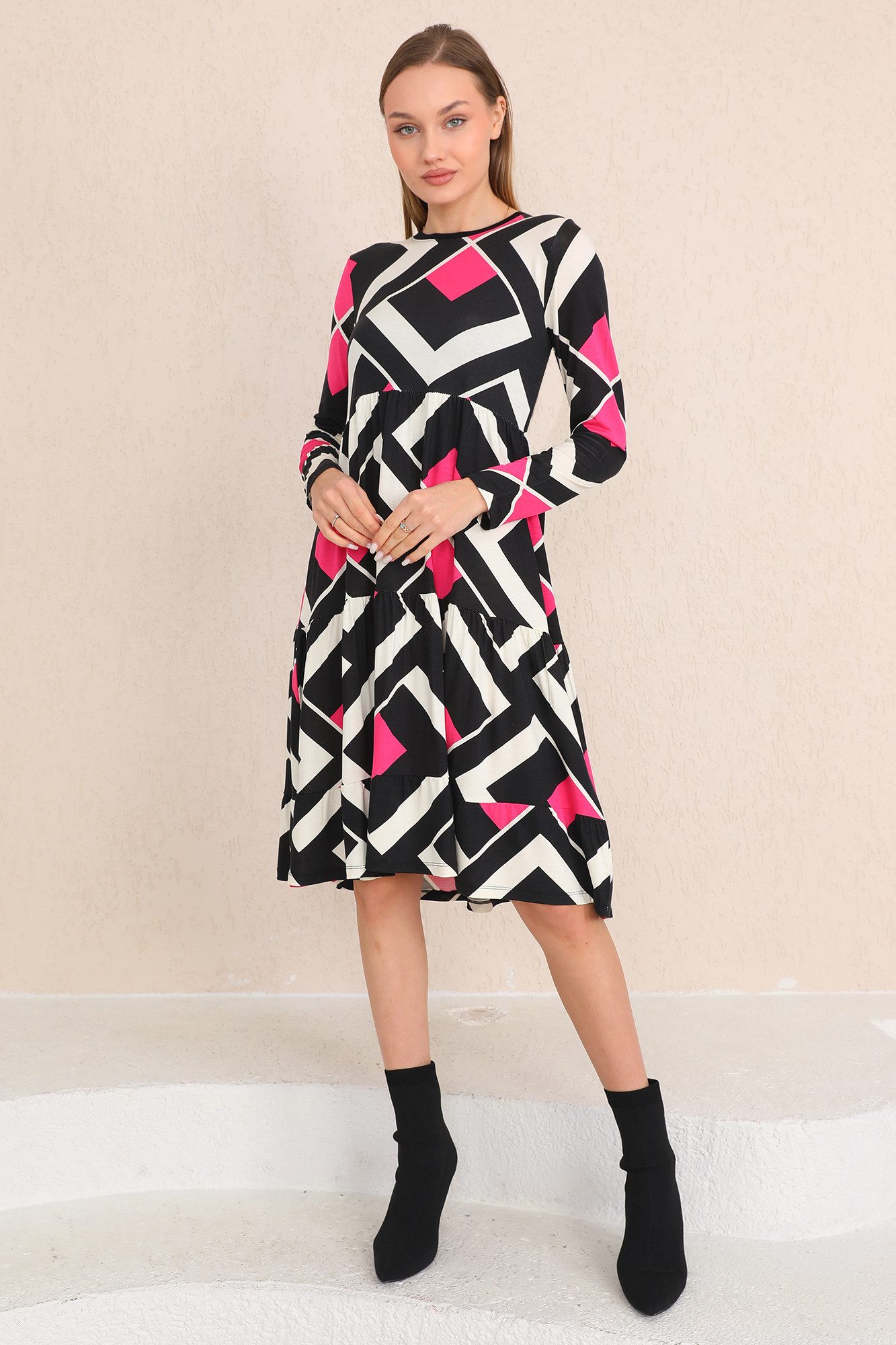 Bongual Midikleid A-Linien-Kleid Stufenkleid Rhombenmuster günstig online kaufen