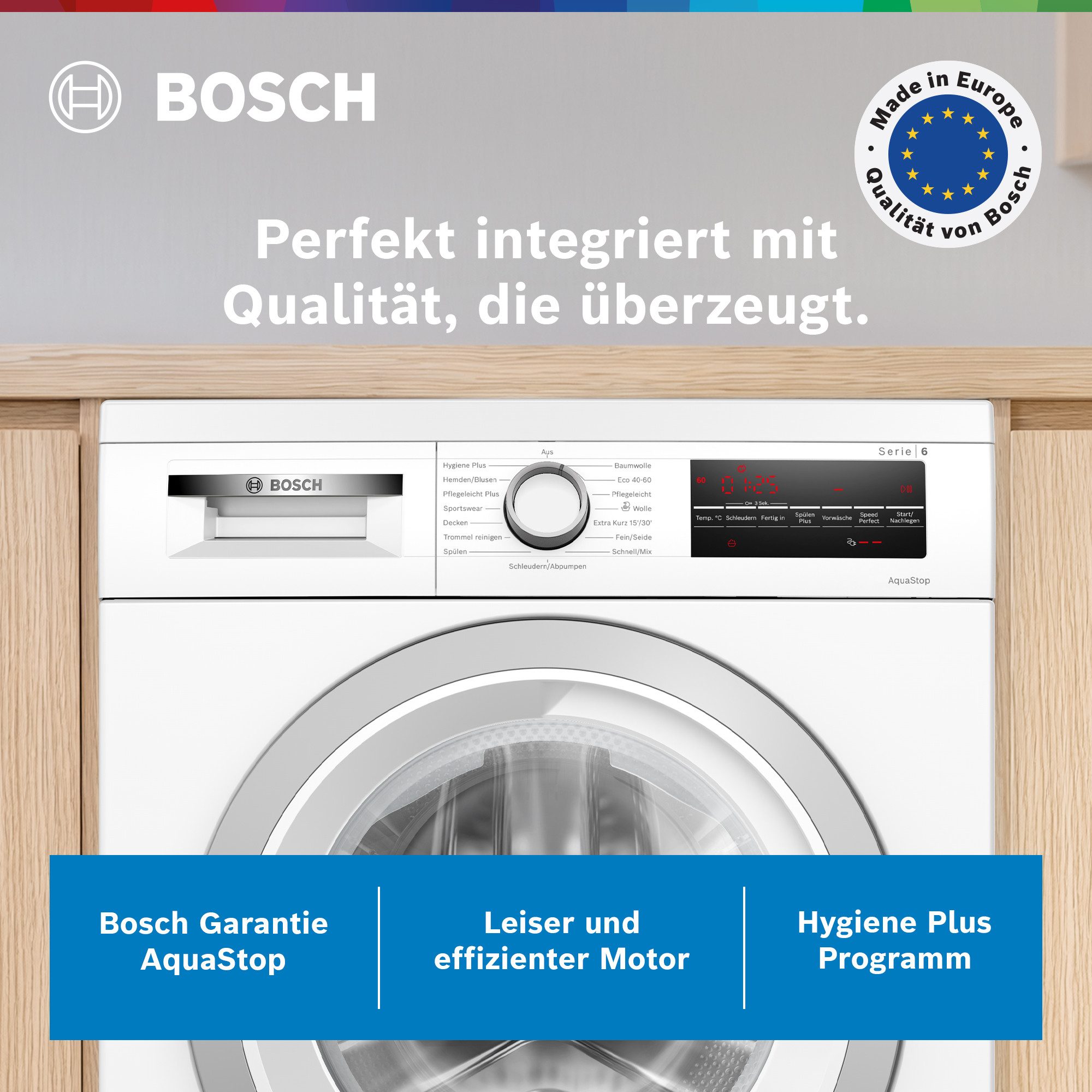 BOSCH Waschmaschine Serie 6 WUU28T70, 8 kg, 1400 U/min, unterbaufähig, Speed Perfect, Hygiene Plus, großes LED-Display