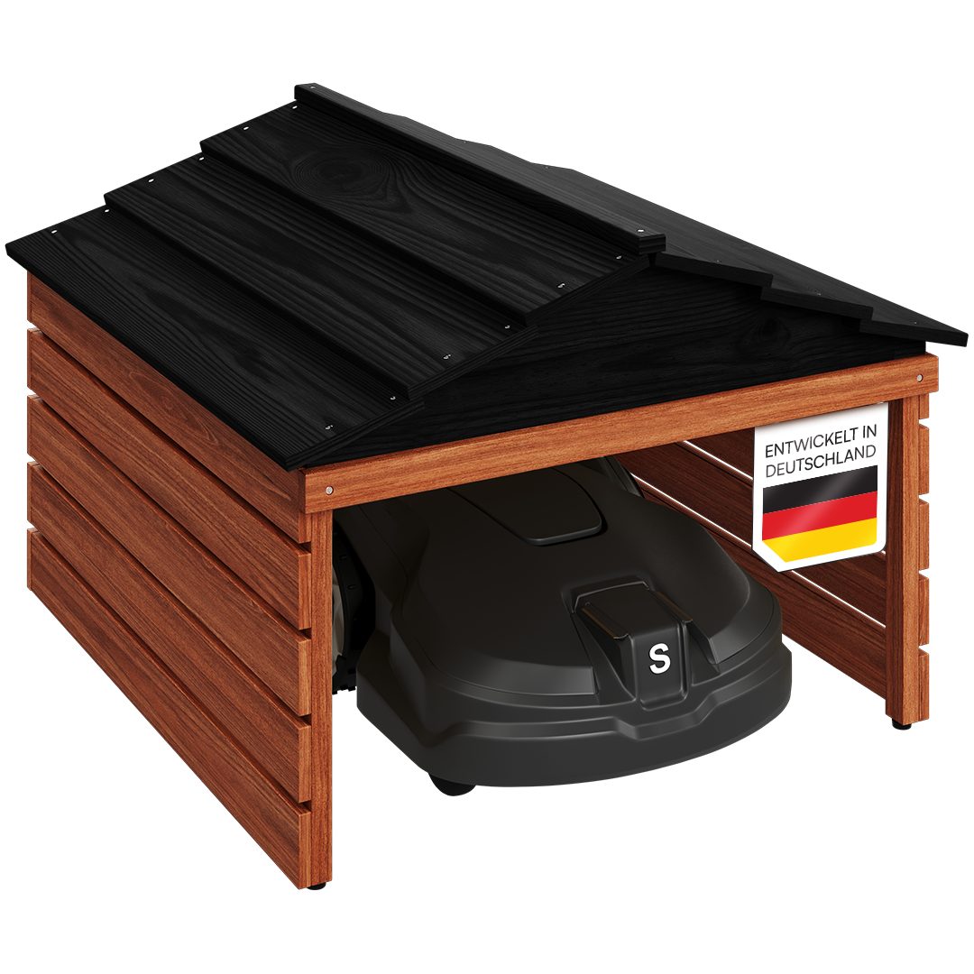 STEELSØN Mähroboter-Garage Nembus aus Kiefernholz, BxTxH: 74.5x78.5x53.5 cm, (braun/schwarz, mit abnehmbaren Dach), Mähroboterhaus mit Kabeldurchlass, Rasenmäher Unterstand
