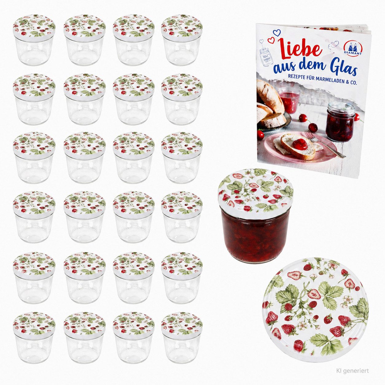 MamboCat Einmachglas 25er Set Sturzglas 230ml To82 Wald-Erdbeere Deckel Rezeptheft, Glas