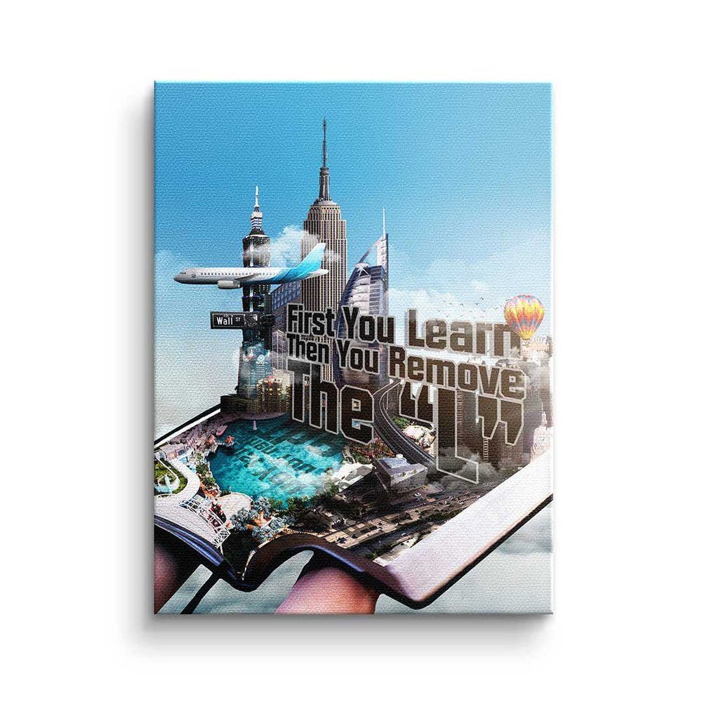 silberner Learn - First Leinwandbild you - - Leinwandbild, Motivation DOTCOMCANVAS® Rahmen Büro - Premium Mindset