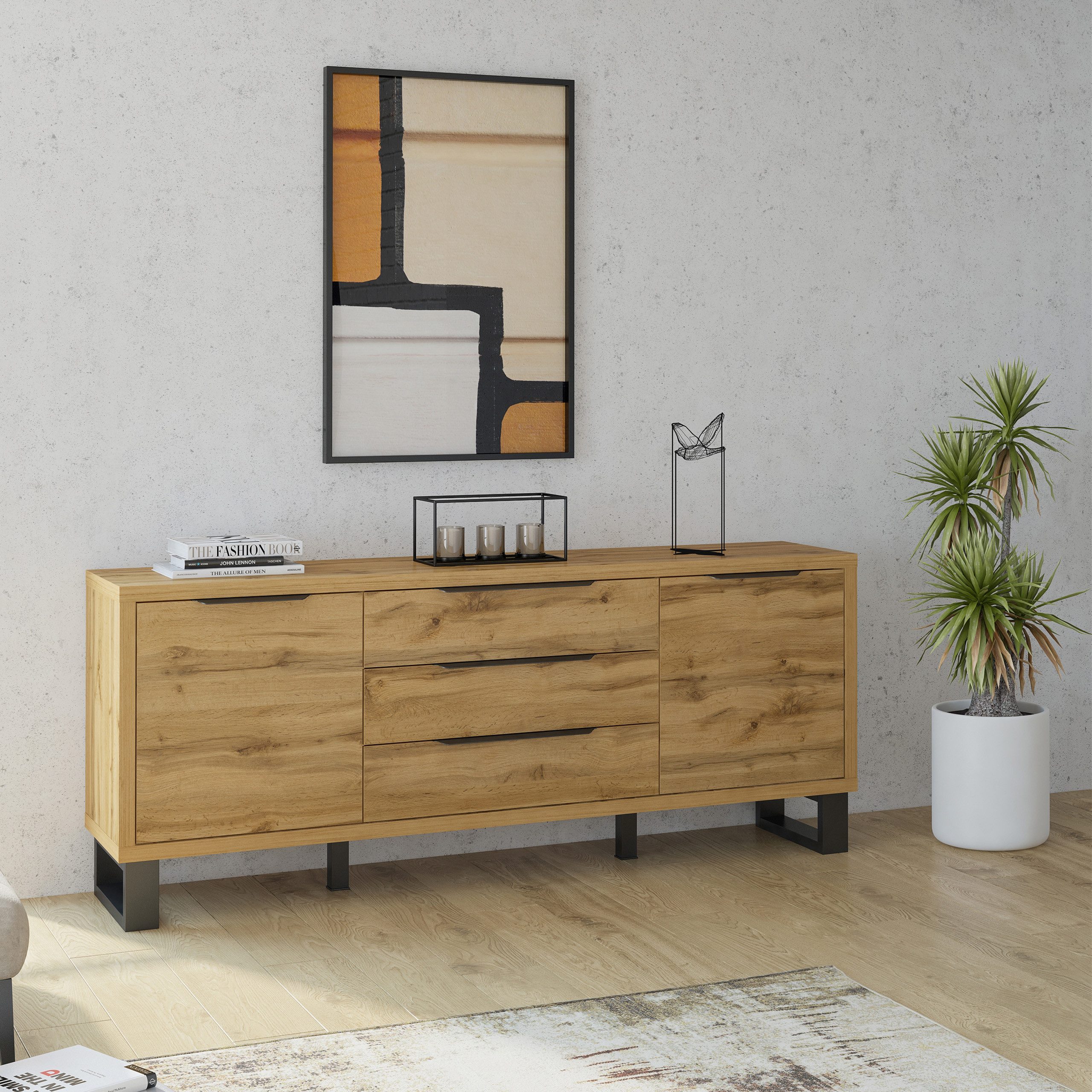 Masseno Kommode HALENZA 201 cm Sideboard mit 3 Schubladen und 2 Türen Eiche Wotan