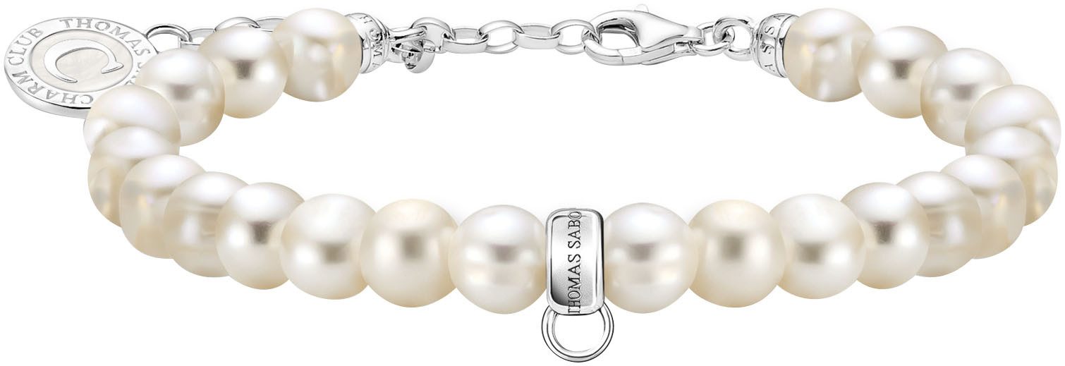 THOMAS SABO Charm-Armband mit weißen, ovalen Perlen, A2142-158-14-L19v, mit Süßwasserzuchtperle