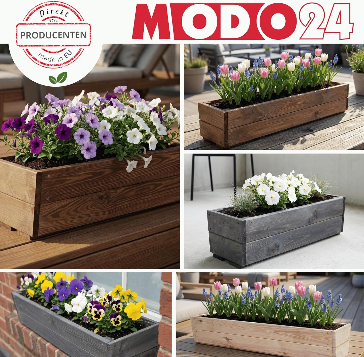 Modo24 Blumenkasten Pflanzkasten aus Holz, Pflanzkübel für Kräuter, Kiefernholz (rechteckiger, für Balkon und Fensterbank), Wetterfest, Stabil & Dekorativ, 3 Gr – Bild 5 von 5