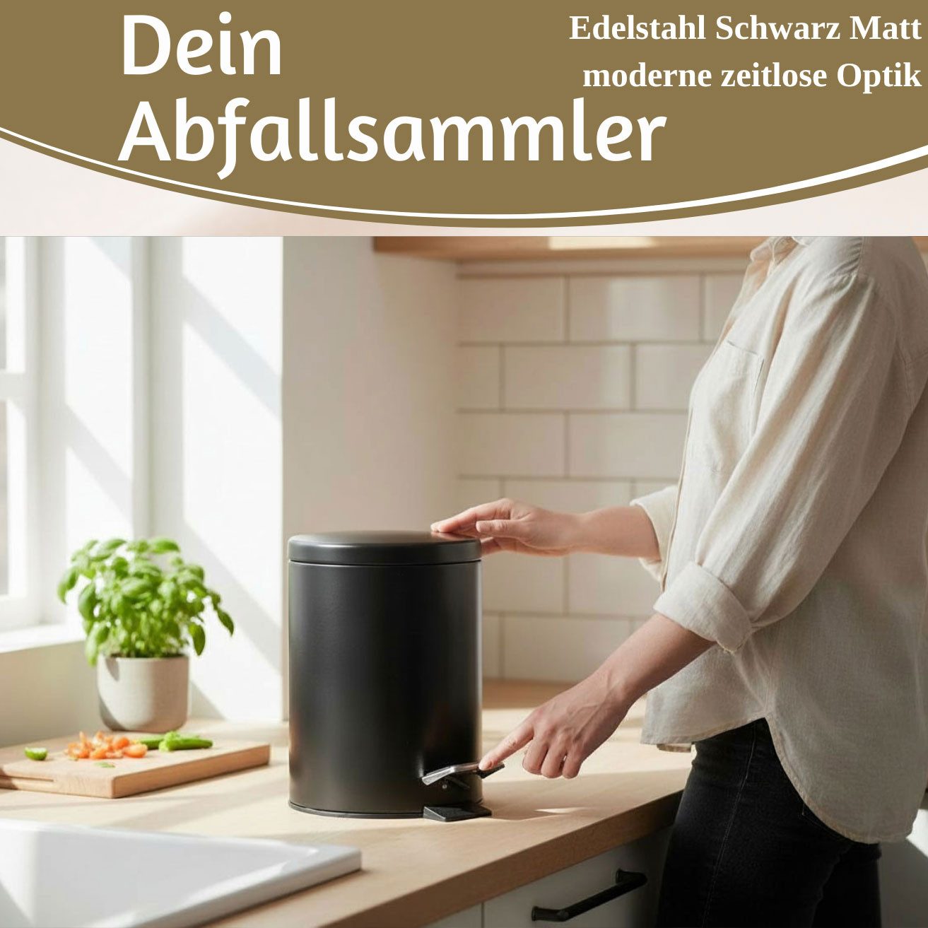 LS-LebenStil Kosmetikeimer Edelstahl Tretmülleimer Papierkorb 3L Schwarz Rund mit Deckel Fußpedal, Kosmetik-Mülleimer Treteimer Bad Badezimmer Küche Mülleimer