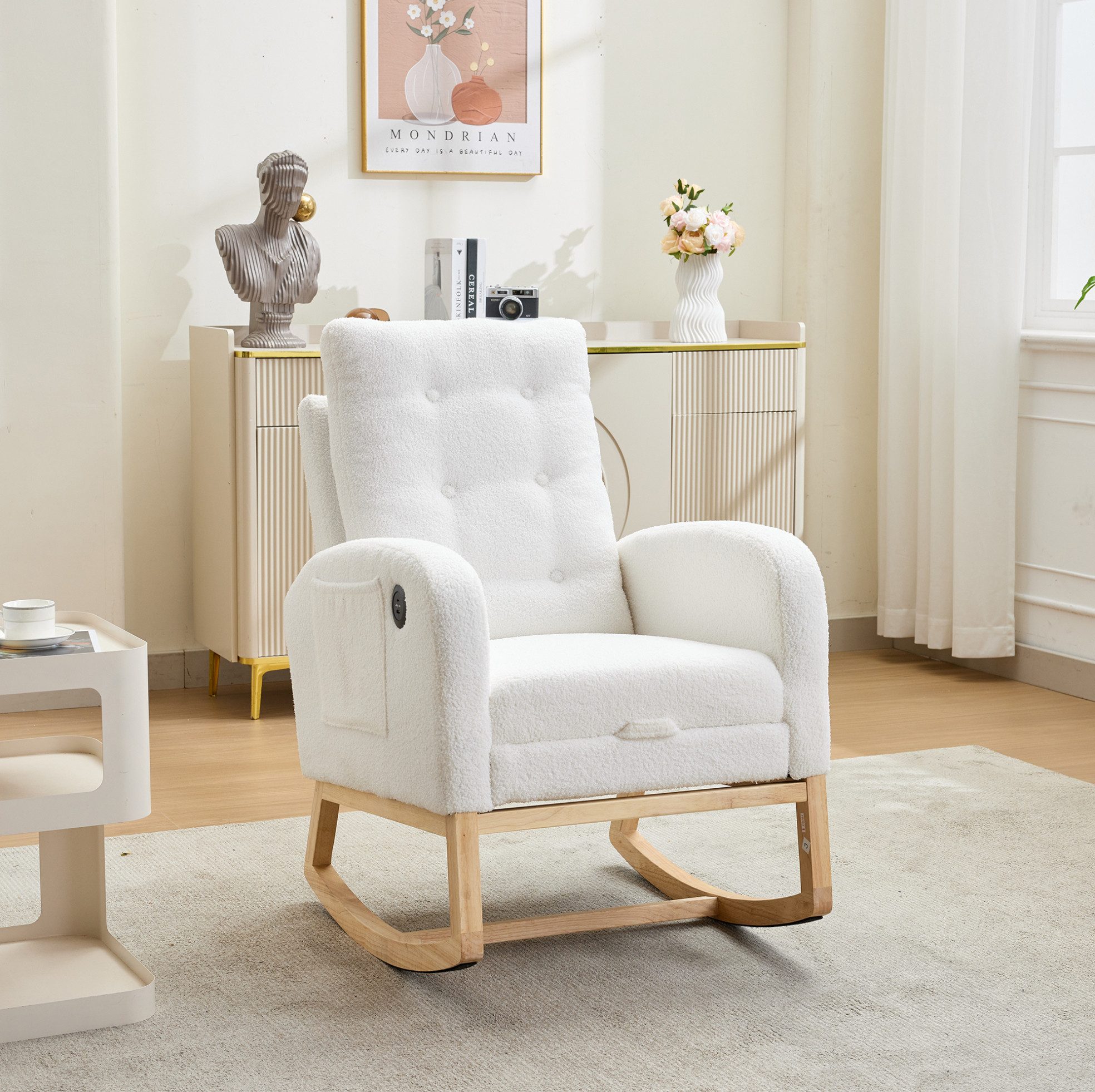 REDOM Schaukelstuhl Moderner Relaxsessel in Weiß mit Teddy-Stoff & USB (Weiß, 66.5×121.5×102 cm, für Wohnzimmer & Kinderzimmer, 1 St), 3-fach verstellbar, Seitentaschen, weiche Polsterung