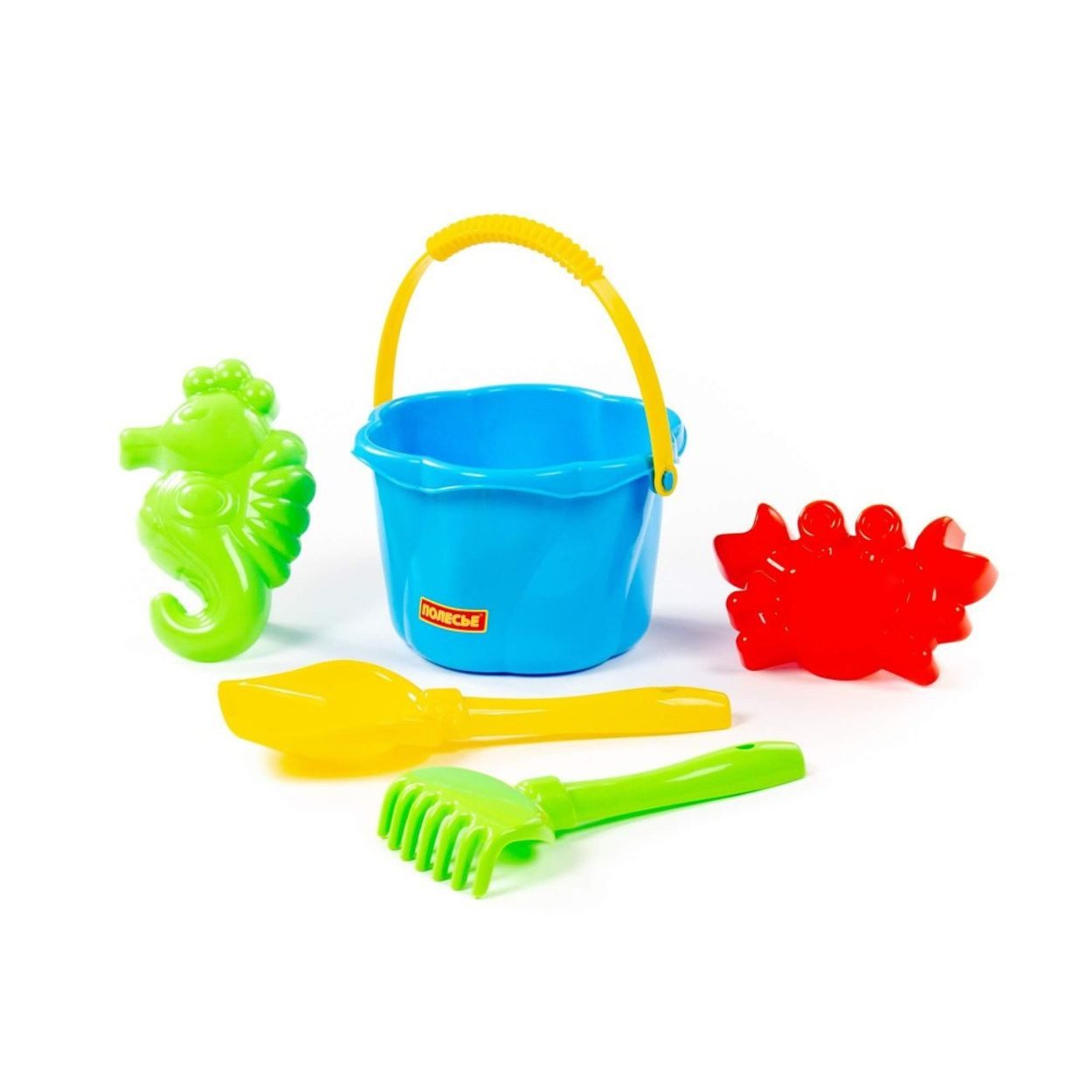 Polesie Sandform-Set Sandspielzeug-Set 93912, Eimer, Schaufel, Rechen, Sandförmchen, 5-teilig