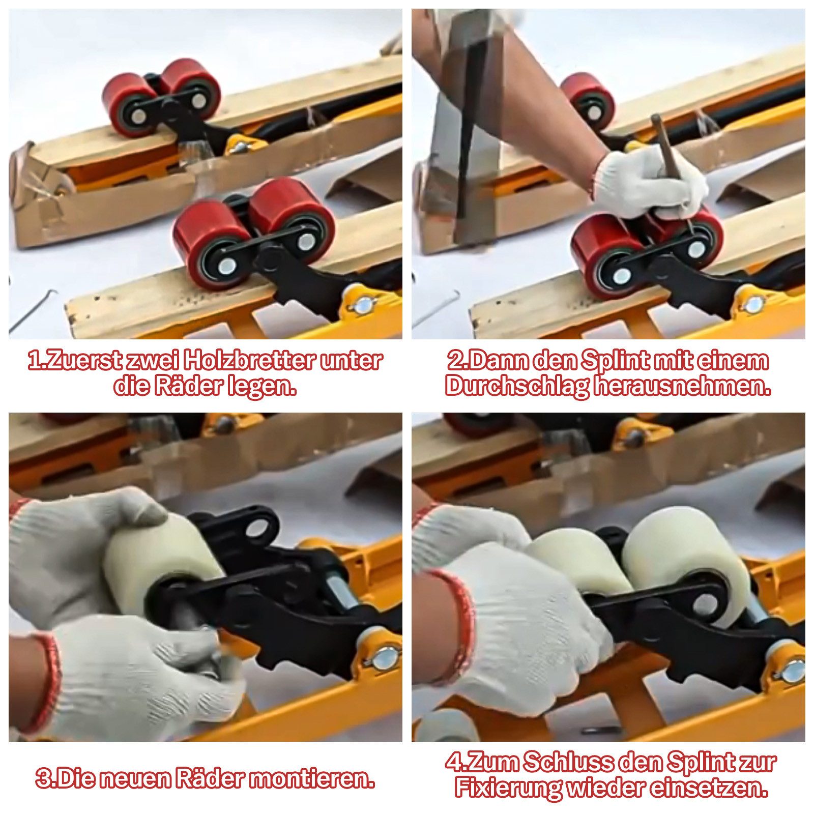 XERSEK Hubwagen 4 Stück Hubwagenrollen Polyurethan 80 x 70 mm, Achse 20 mm inkl. Kugellager für Hubwagen Ersatzrollen