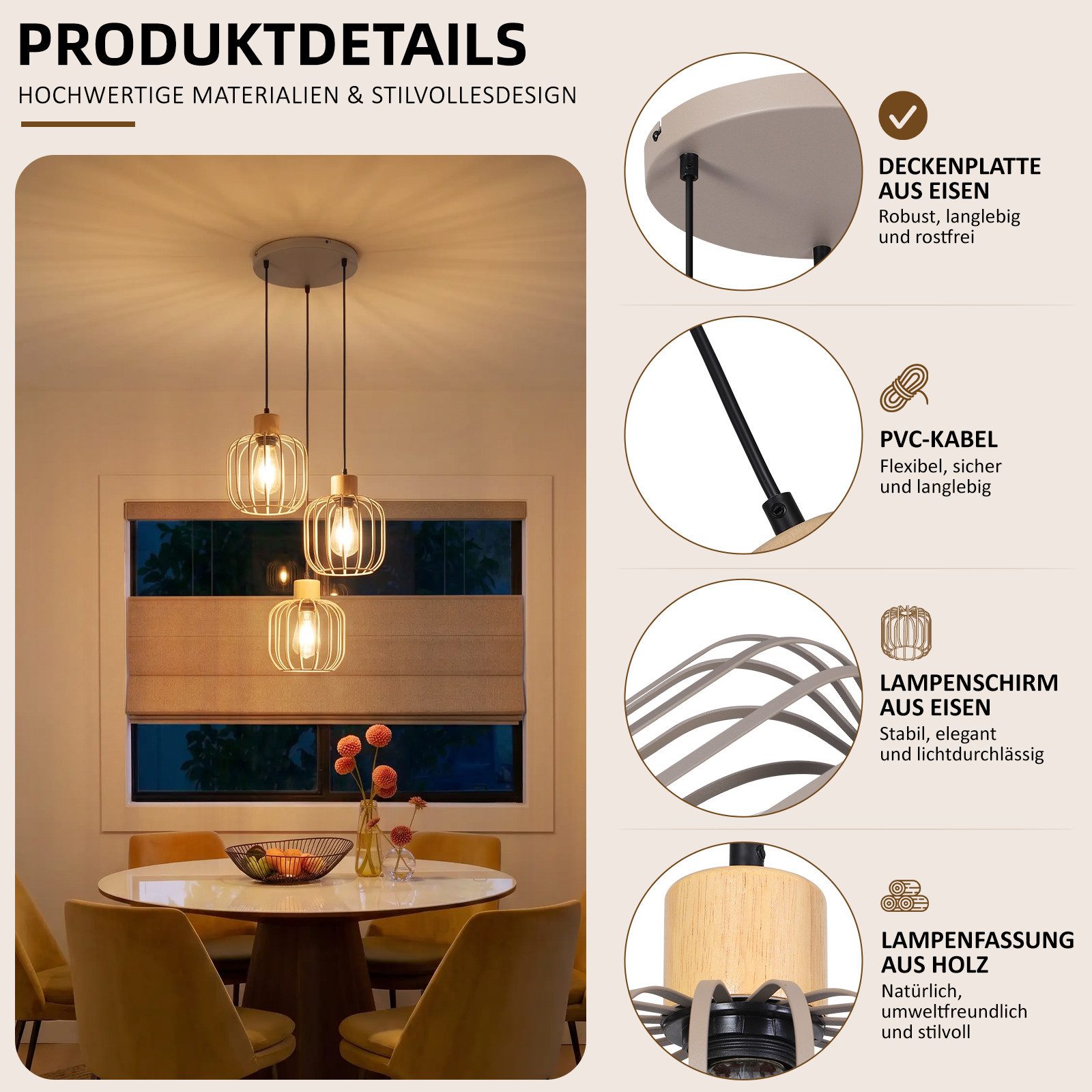 Nettlife Pendelleuchte Weiß/grau 1/3flammig Holz moderne Hängelampe E27 Fassung, ohne Leuchtmittel, für Esstisch Wohnzimmer Küche Flur Kücheninsel