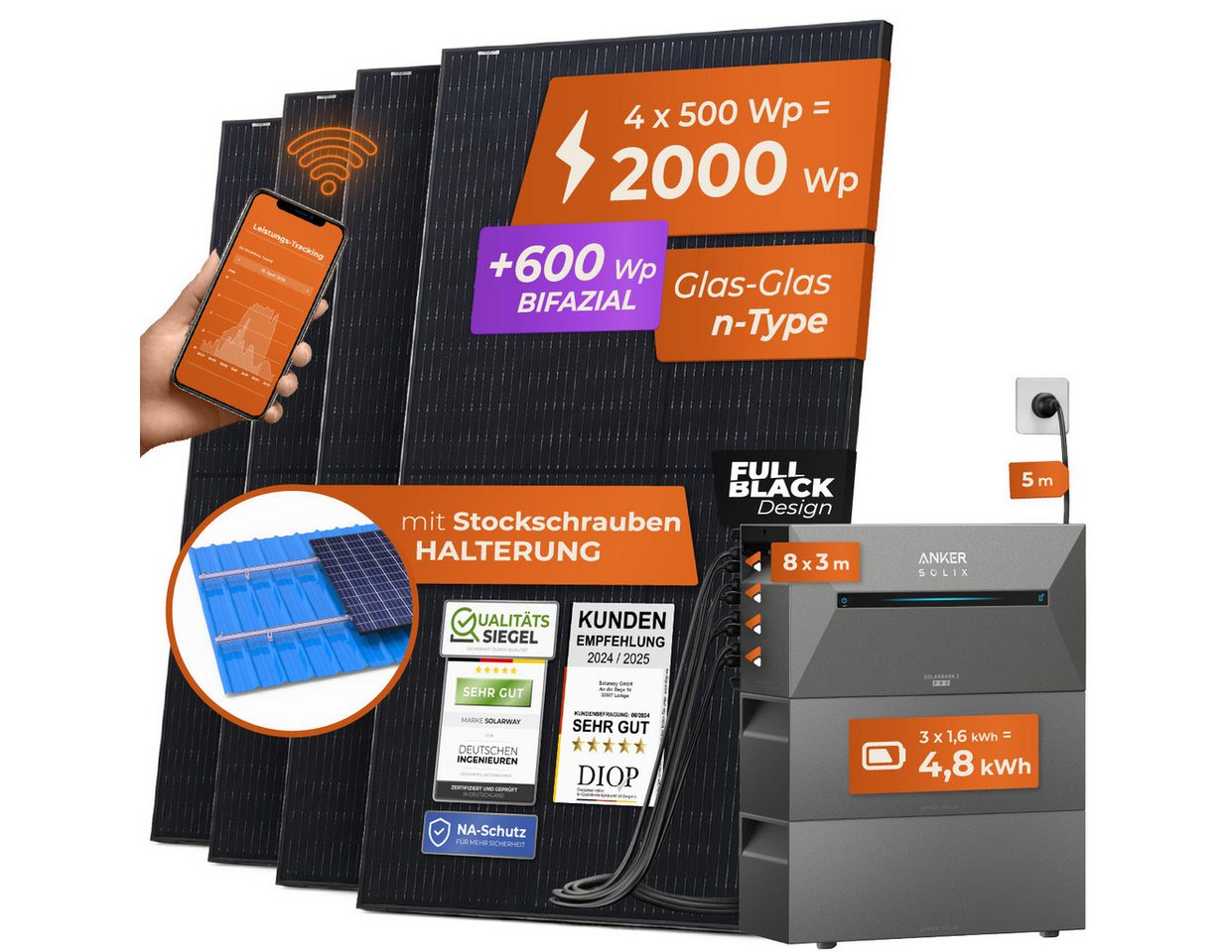Thumbnail - Solarway Balkonkraftwerk mit Speicher All in One 2000 Wp / 800 Watt 4,8 kWh Anker Solix 2 Pro, Monokristallin, (Photovol...