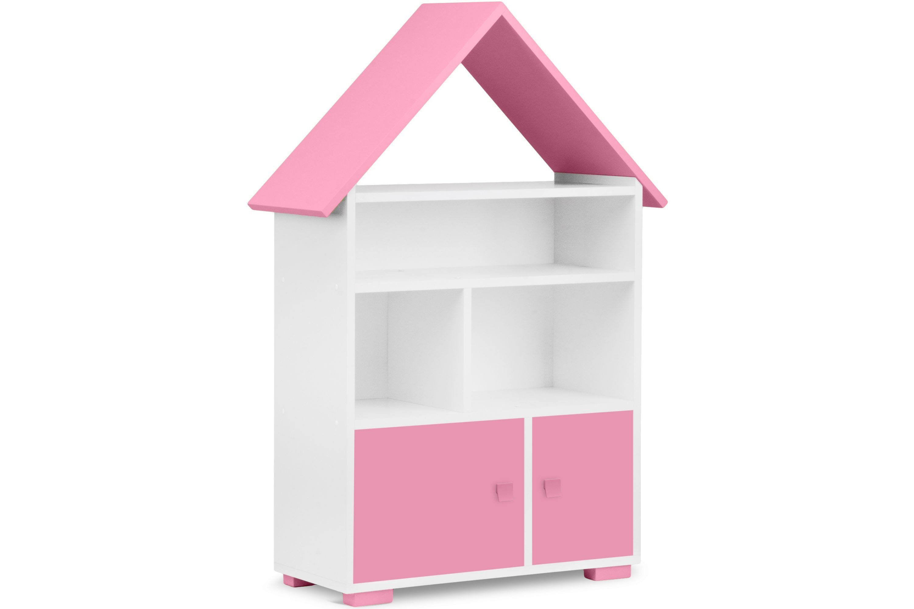 Konsimo Kinderregal Bücherregal mit Türen PABIS, Bücherregal mit Tür, Hausform, in Pastellfarben weiß/rosa