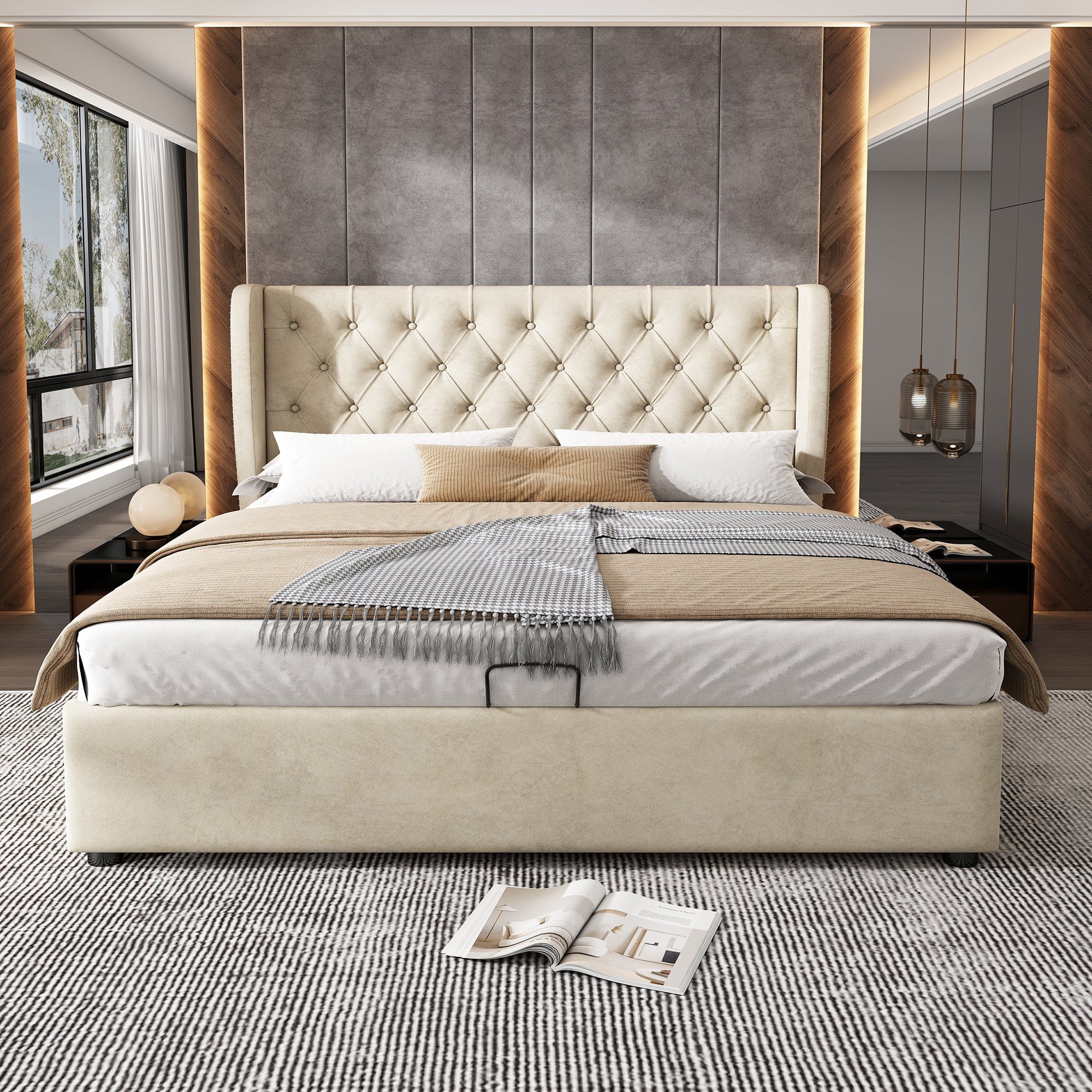 Flieks Polsterbett, Staumraumbett Doppelbett Kiefernholz Flanell 160*200cm günstig online kaufen