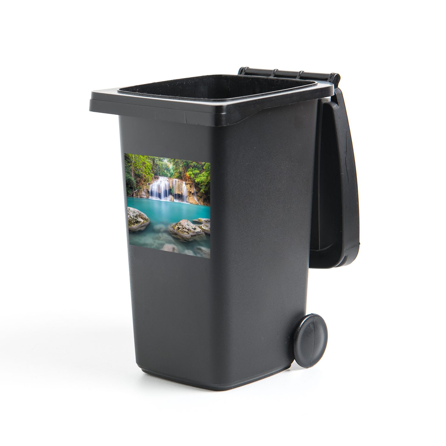 MuchoWow Wasserfall (1 Felsen Mülleimer-aufkleber, Container, vor dem Erawan-Nationalpark Sticker, Wandsticker St), im Mülltonne, Moosbewachsene Abfalbehälter