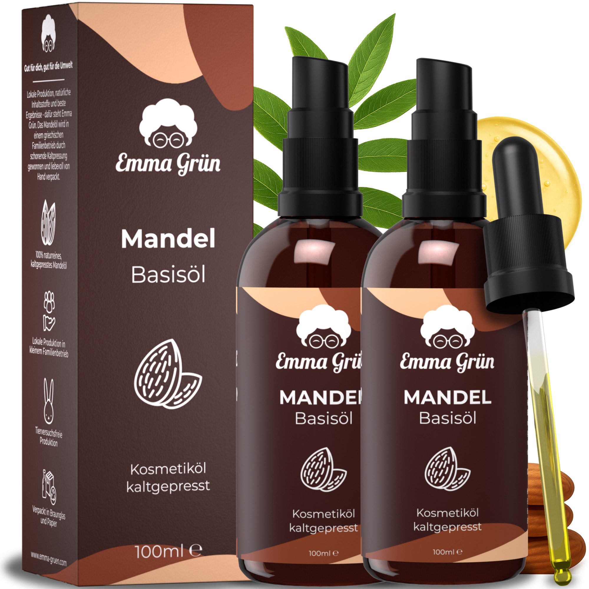 Emma Grün Körperöl Bio Mandelöl Kaltgepresst 100ml [100% REIN], Kaltgepresst, Unraffiniert, Babyöl, Für die tägliche Hautpflege