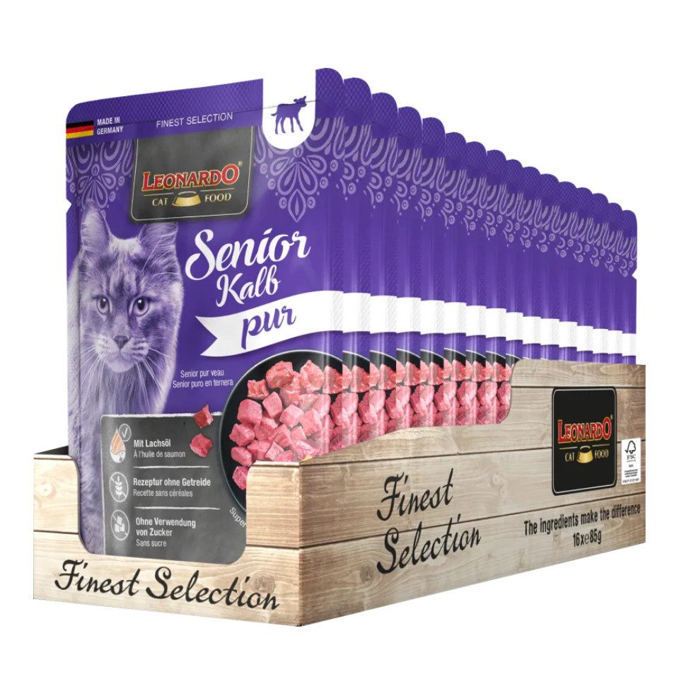 Leonardo Catfood Senior Kalb Pur - getreidefreies Nassfutter für ältere Katzen 16x85g, Nassfutter für: Katzen
