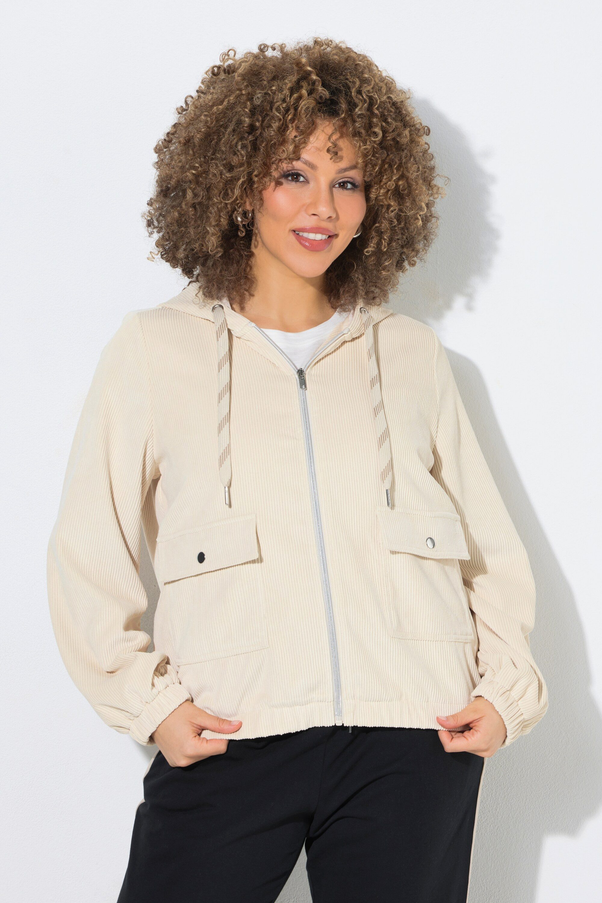 Ulla Popken Sommerjacke Cordjacke A-Linie Kapuze langarm elastischer Saum