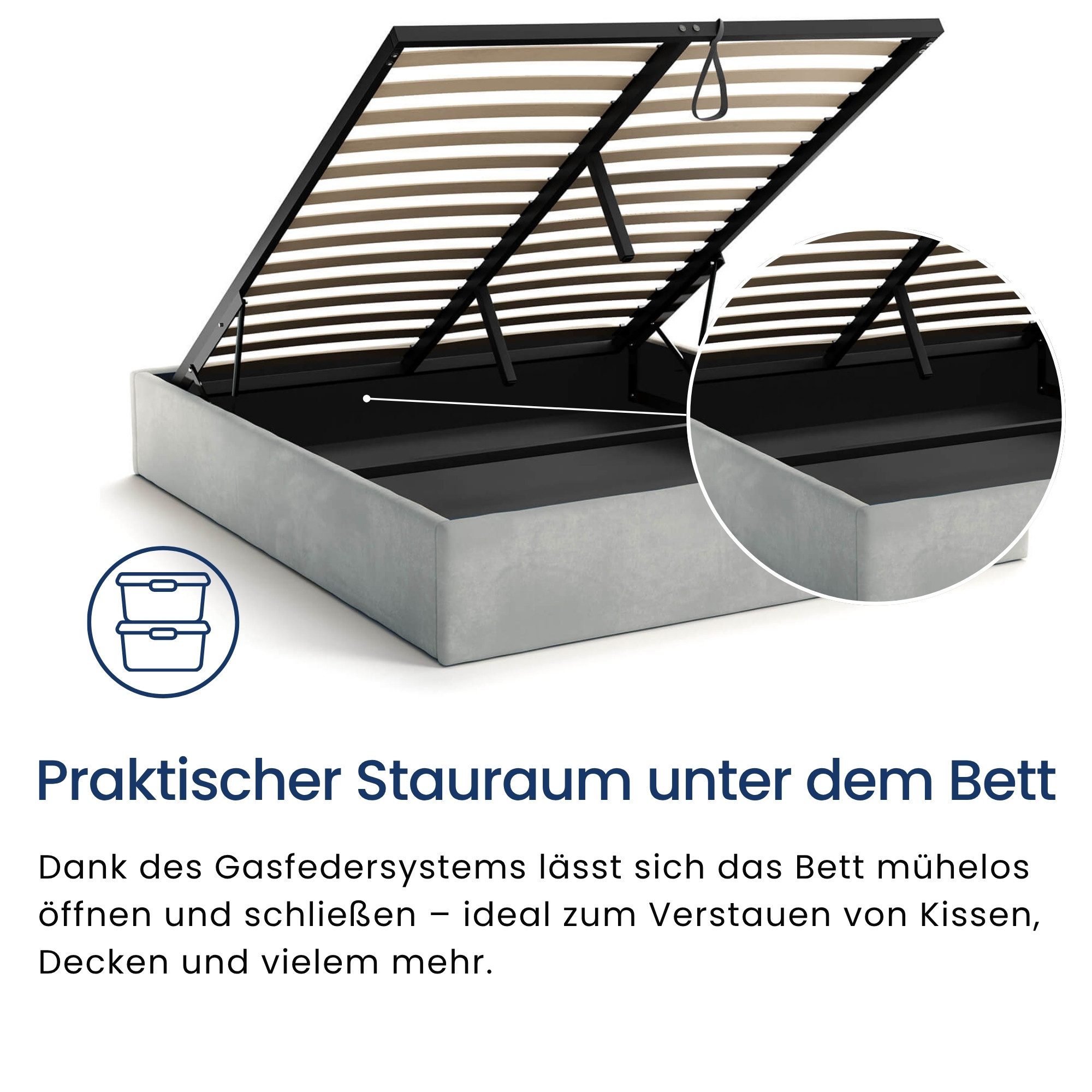 Home Collective Polsterbett Bett Doppelbett Bettgestell mit Lattenrost & Stauraum, platzsparend ohne Kopfteil, weiche Samtpolsterung, 140x200 cm grau – Bild 4 von 5