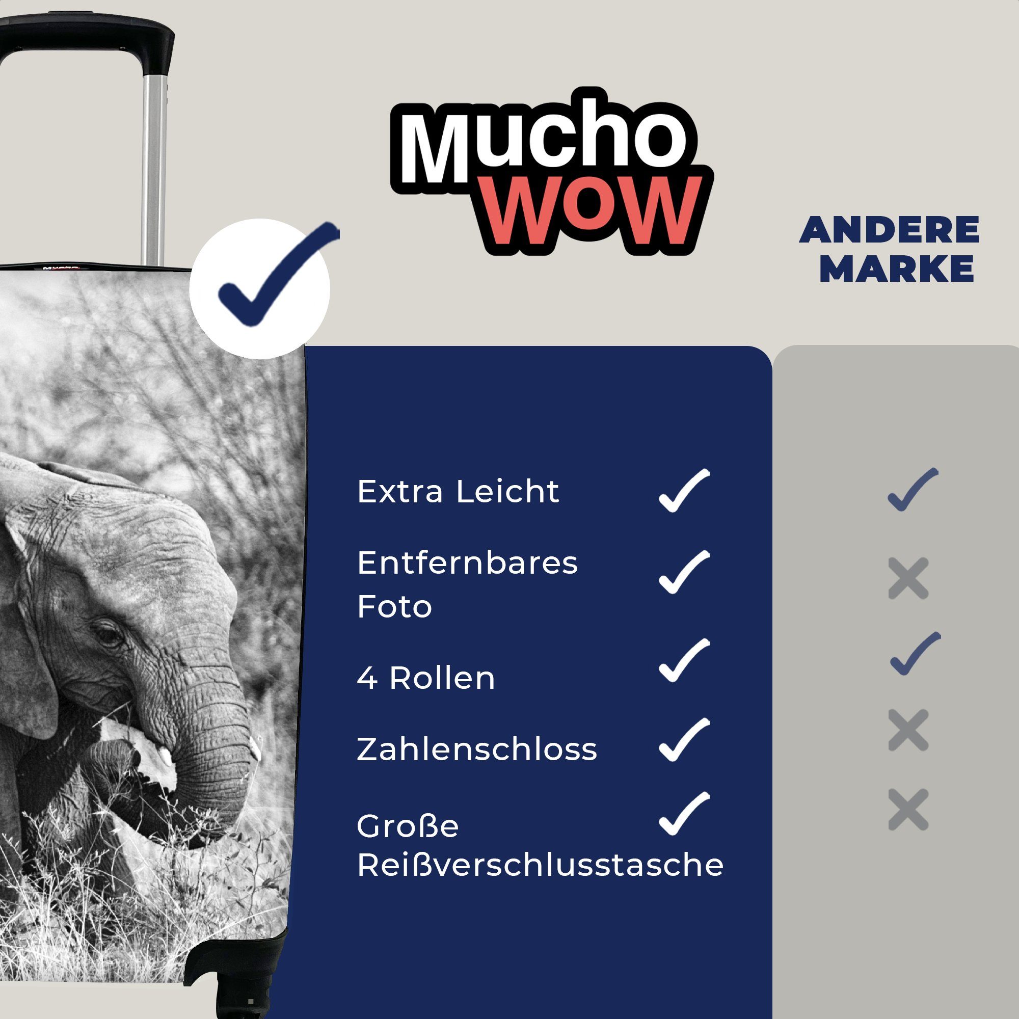 MuchoWow Handgepäckkoffer Elefant Gras Ferien, 4 mit Trolley, Handgepäck Tiere - weiß, Reisekoffer rollen, - Schwarz - Reisetasche Rollen, und für