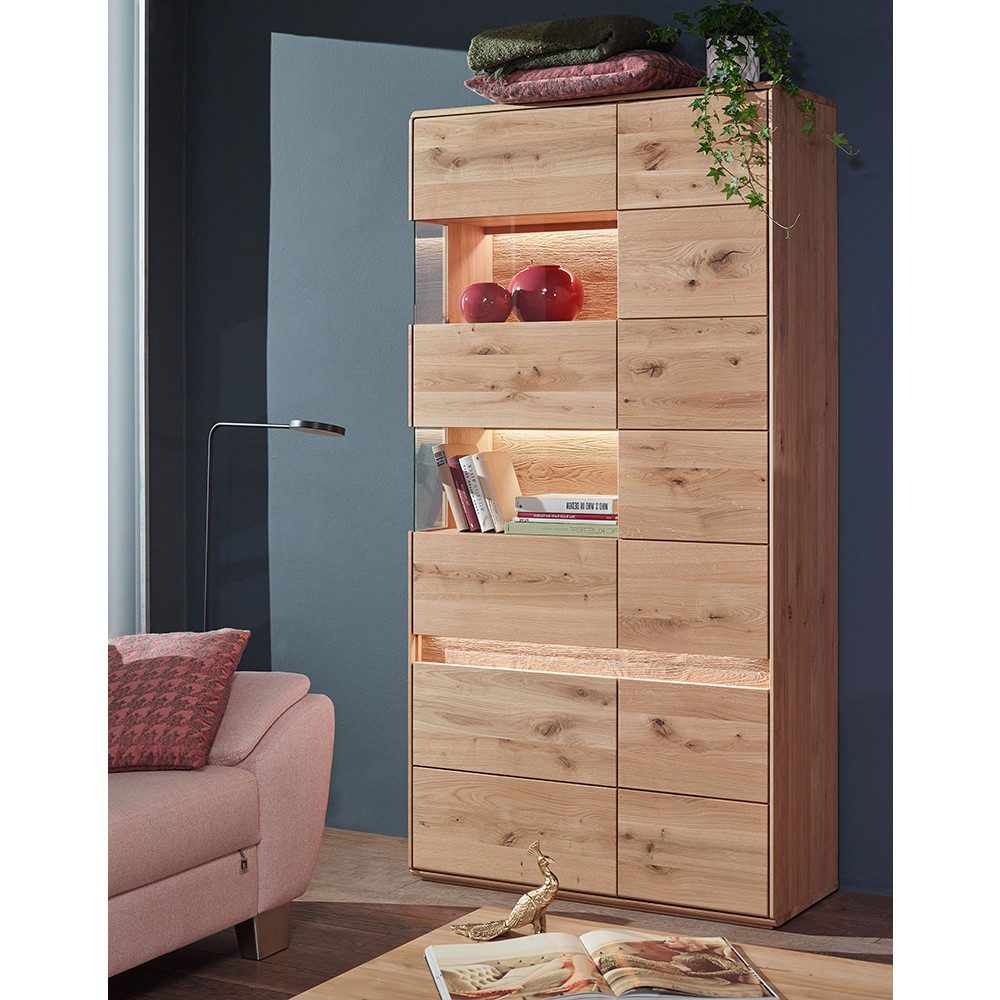 Lomadox Vitrine WELLAND-69 103 cm, Eiche massiv geölt mit LED-Beleuchtung, Türanschlag links