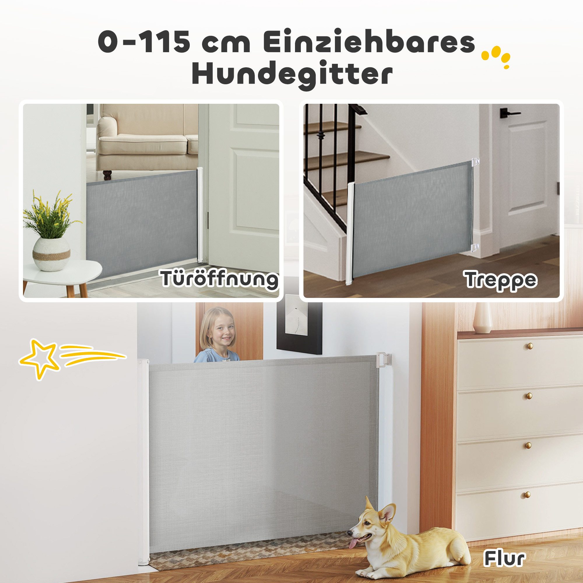 PawHut Hundegitter Türschutzgitter Rollo Einrollbar (ausziehbare Treppenschutzrollo, 1 St., Sicherheitstrennwand), Grau 5,5–115 x 5,5 x 82,5 cm – Bild 4 von 5