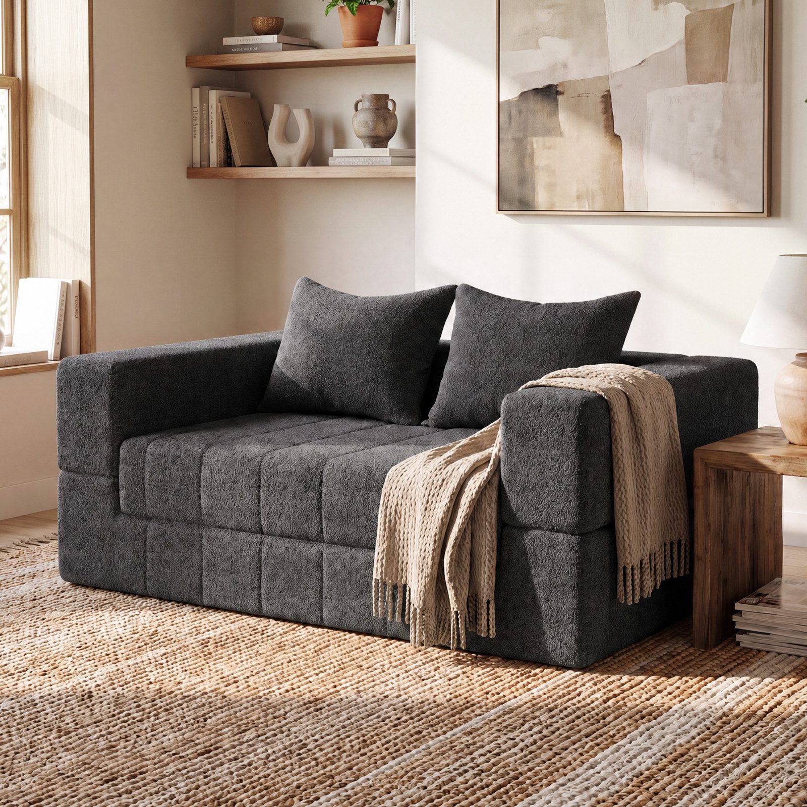 HOMALL Sofa Teddy-Bouclé-Stoff Vollschaumcouch mit Vakuum-Kompression, (Klappbares Schlafsofa,Couch 2 Sitzer mit 2 Kissen,kein Aufbau notwendig)