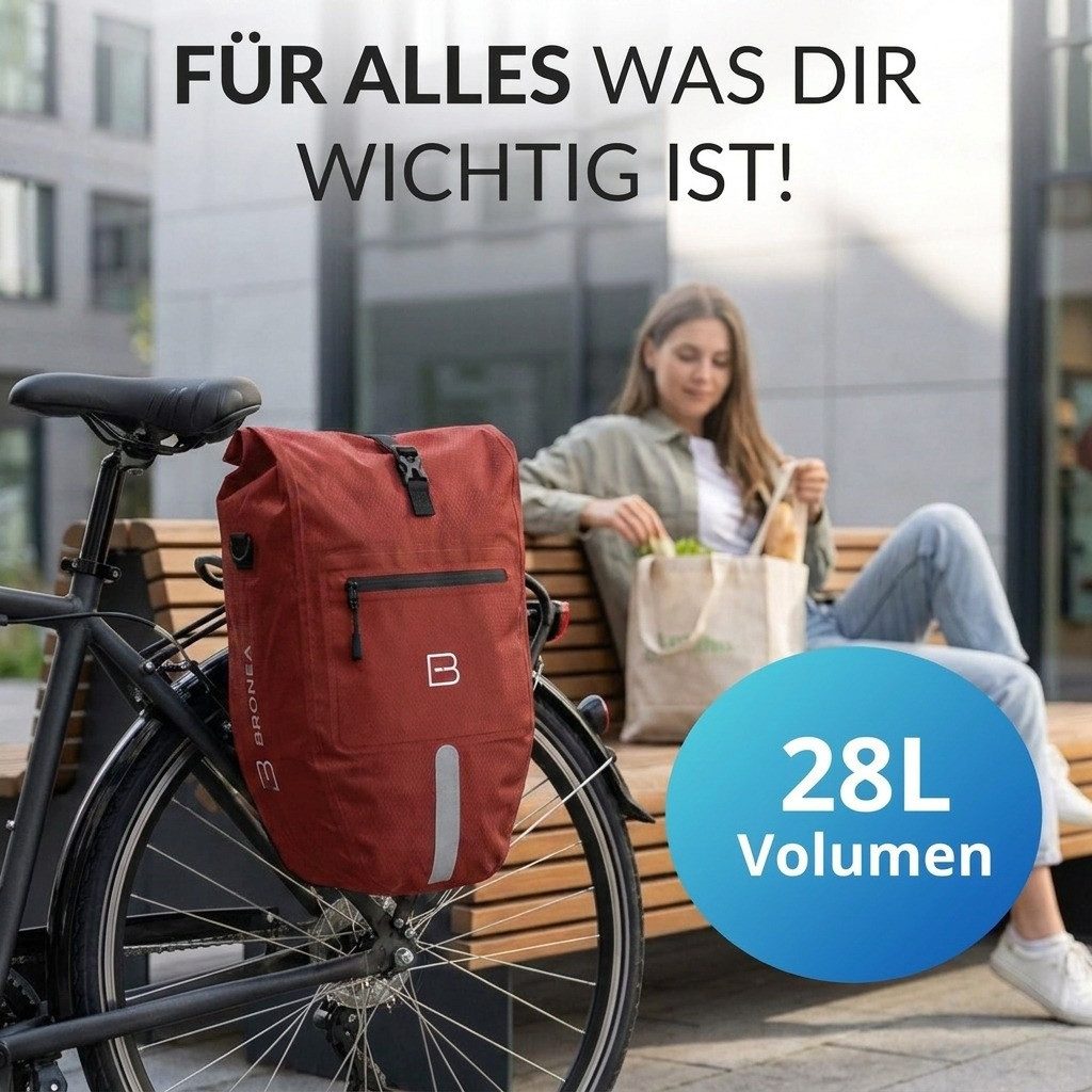 Bronea Fahrradtasche 2in1 Gepäckträgertasche Fahrrad XXL 28 Ltr - Verstärkt - Abnehmbar (Fahrradtasche für Gepäckträger hinten, Wasserdicht & Reflektierend - Laptoptasche), Innovatives verstellbares Click System für alle Gepäckträger