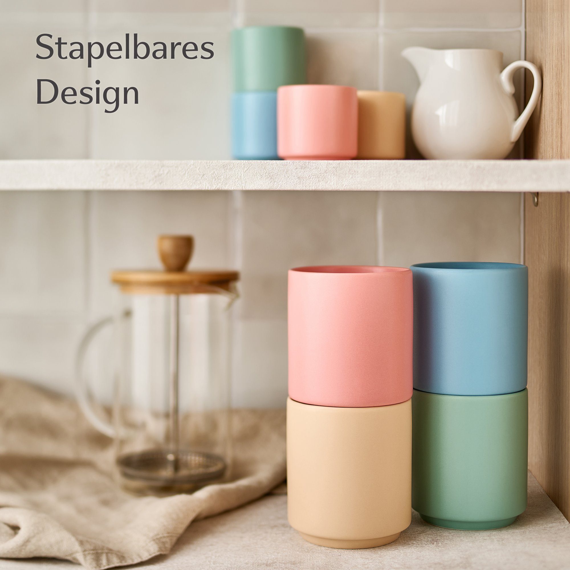 Cosumy Cappuccinotasse Cappuccino Tassen Groß 4er Set - Pastellfarben aus Keramik, 4-tlg., Keramik, Hitzebeständiges Stapelbares Design - Entworfen für Latte Art - 200 ml