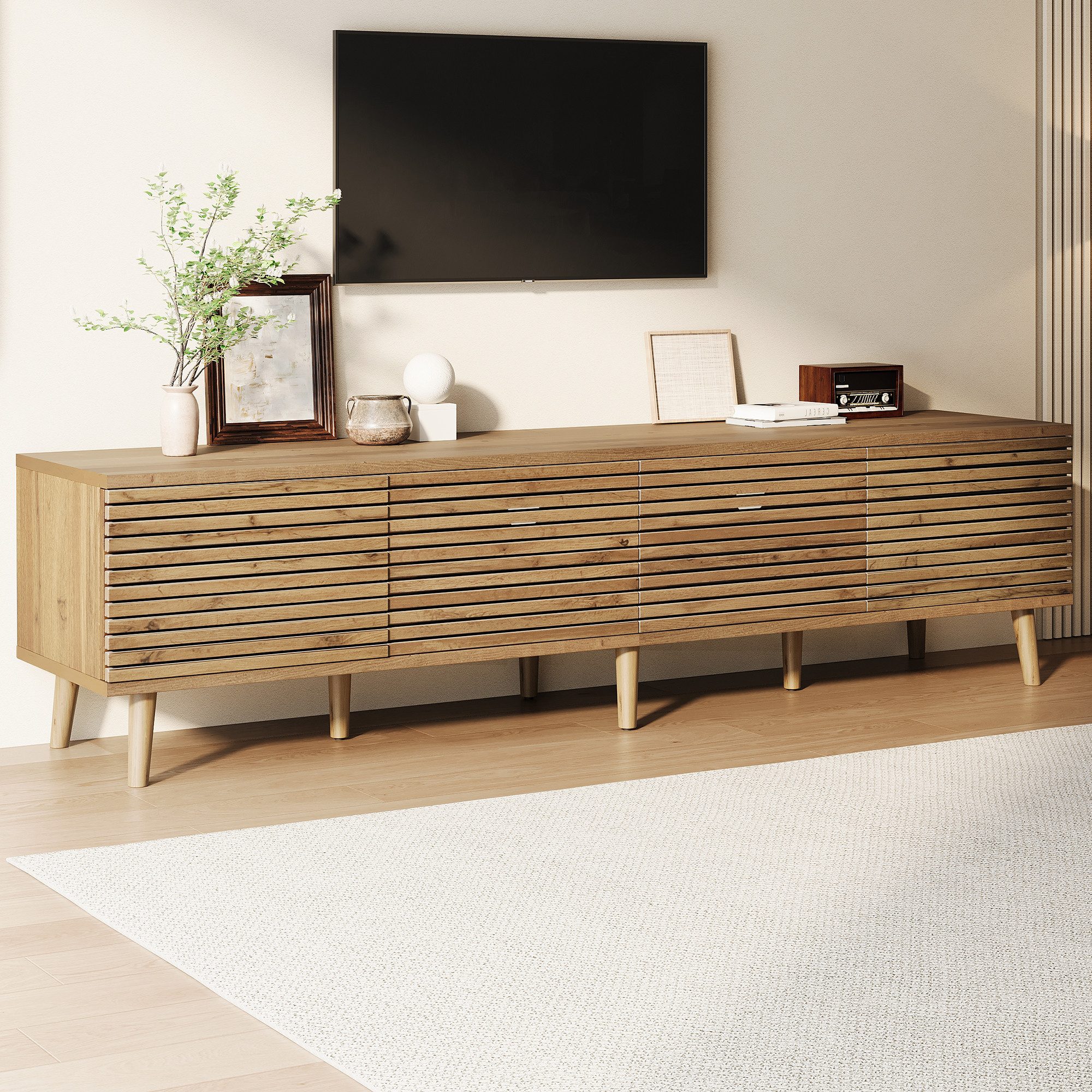 Merax Lowboard mit 4 Türen im Zaun-Design, 6 Staufächern & Stauraum (Fernsehtisch aus MDF und Spanplatte in Holzoptik, 1 St), TV-Schrank mit Kabeldurchführung & – Bild 3 von 5