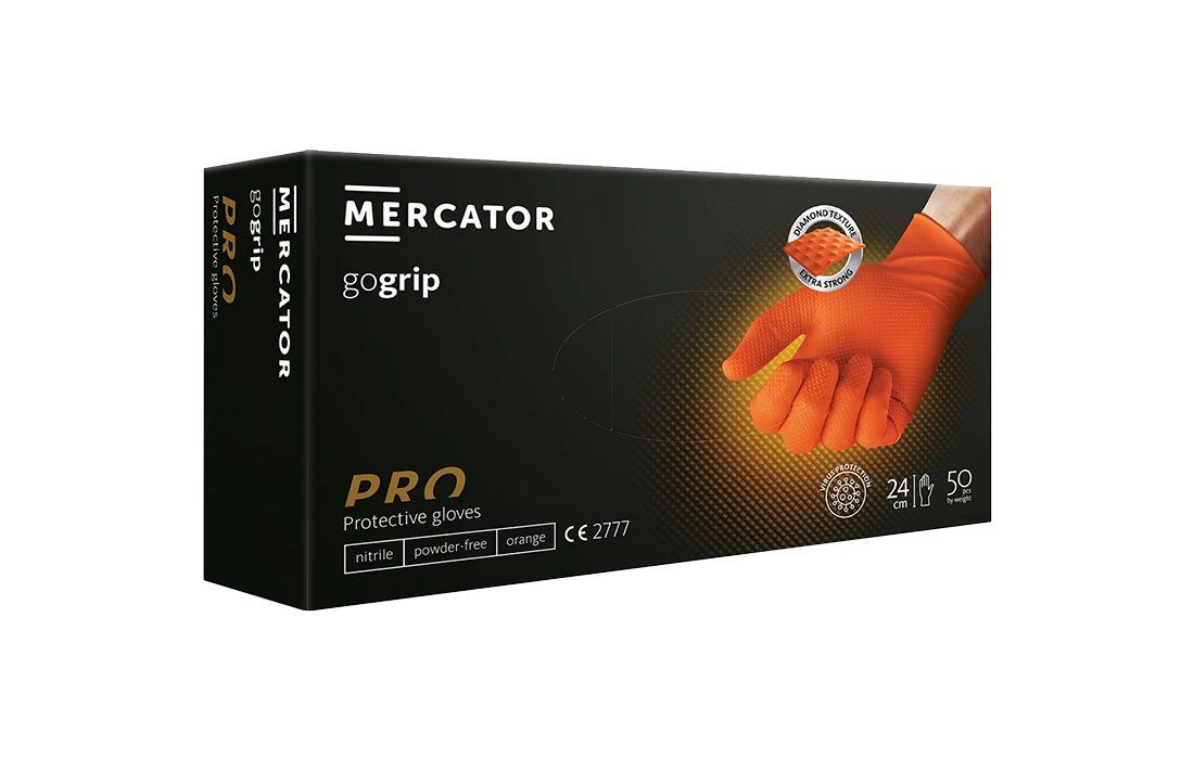 Mercator Одноразовые перчатки GoGrip-Pro Nitril Перчатки mit Diamanttextur in orange atmungsaktiv mit hervorragenden Grip