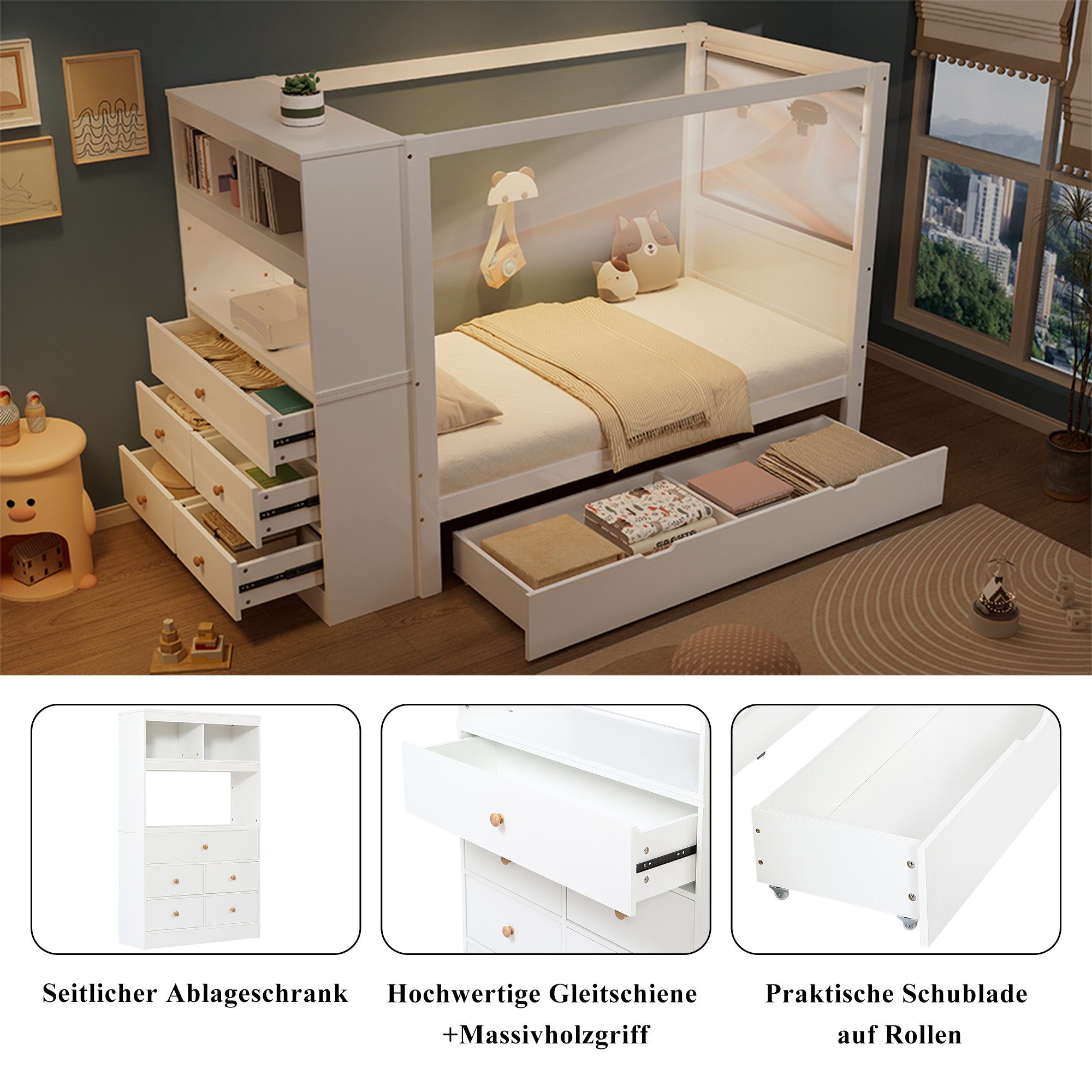 REDOM Kinderbett Einzelbett mit Stauraum, Fallschutz und 5 Schubladen, Holz günstig online kaufen