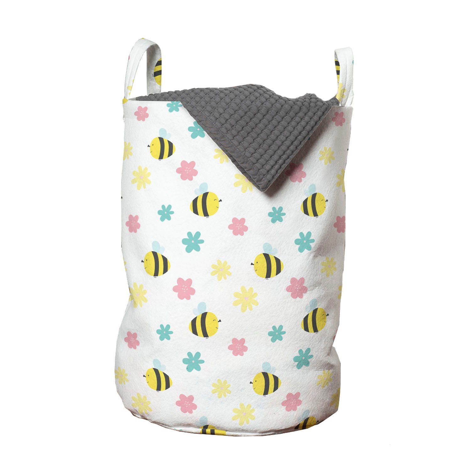 Abakuhaus Wäschesäckchen Wäschekorb mit Griffen Kordelzugverschluss für Waschsalons, Honey Bee Frühlings-Zeit-Blumen-Szene
