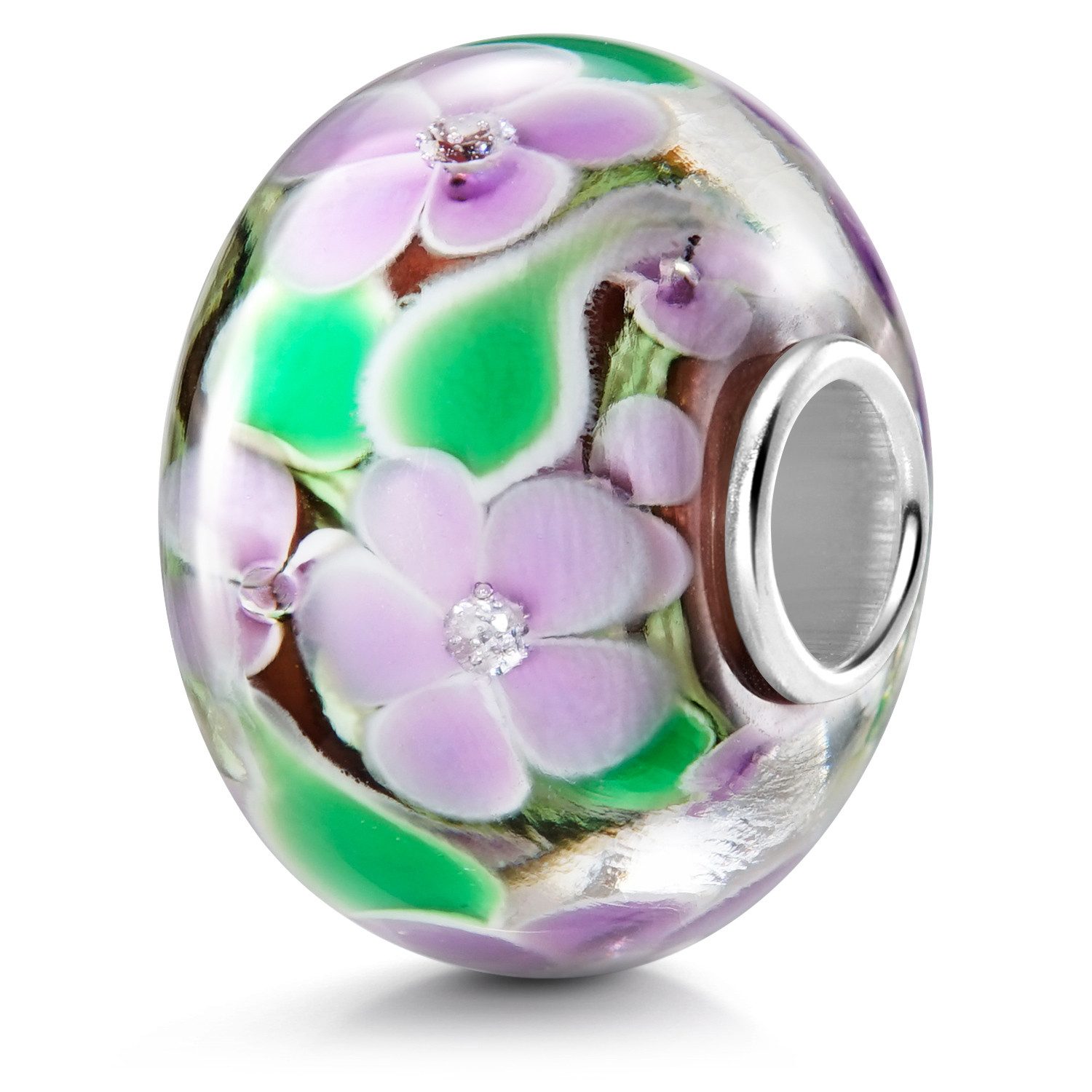 Materia Bead XXL Glasperle Blüten Lila Grün Zirkonia 1295, Kern aus 925 Sterling Silber
