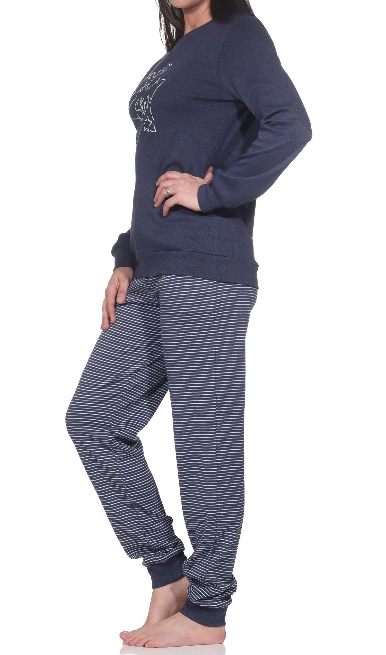 Normann Pyjama Kuscheliger Damen Schlafanzug lang mit Bündchen und Stern Motiv – Bild 2 von 4