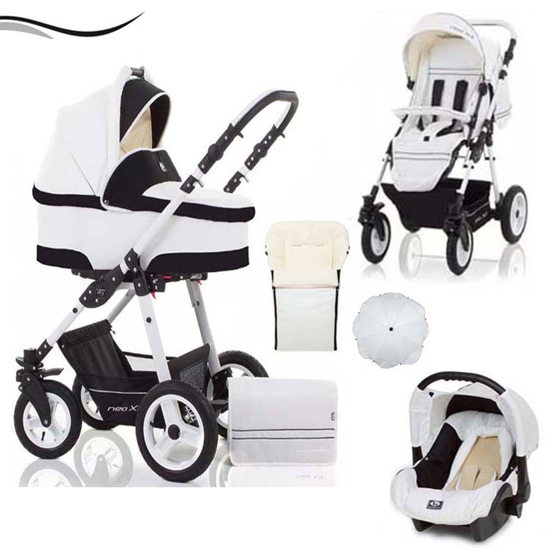 babies-on-wheels Kombi-Kinderwagen City Star 5 in 1 inkl. Autositz, Sonnenschirm und Fußsack - 18 Teile - von Geburt bis 4 Jahre in 16 Farben Weiß-Schwarz